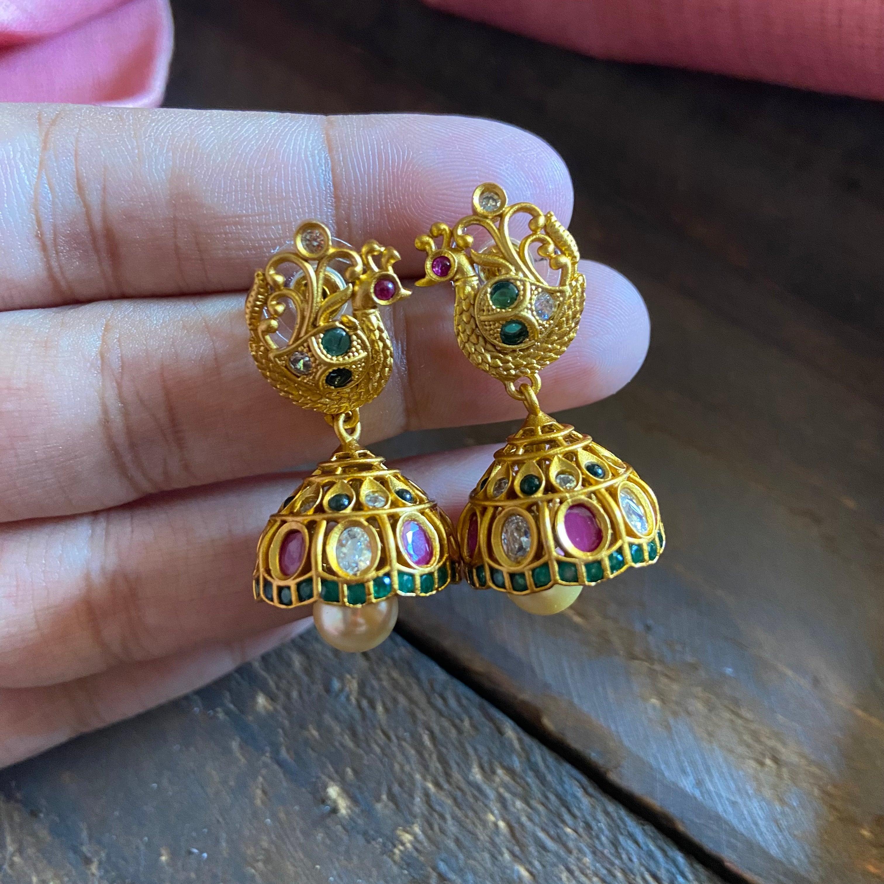 Annapakshi Matte AD Jhumkas - Available in 2 Colors - Happy Pique