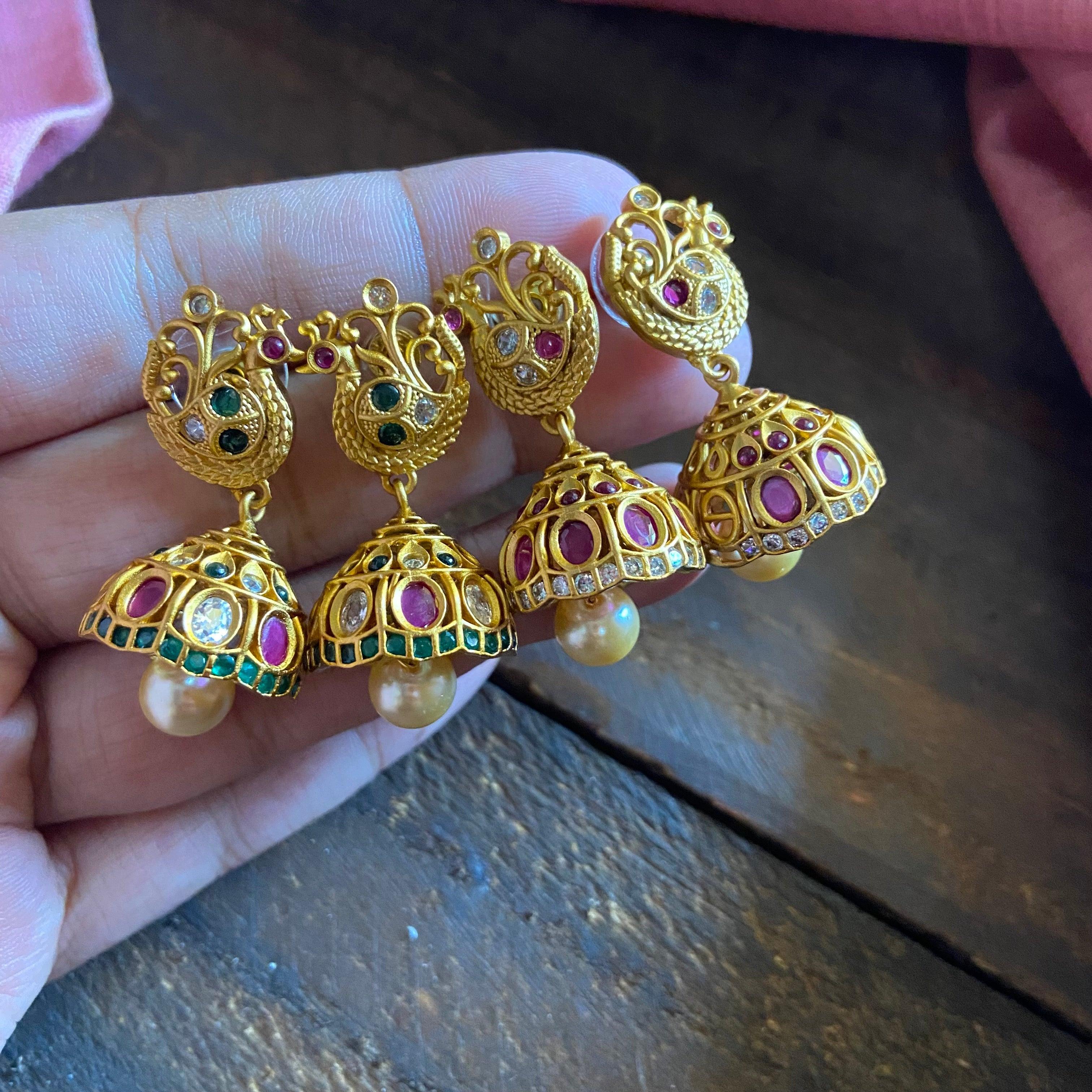 Annapakshi Matte AD Jhumkas - Available in 2 Colors - Happy Pique