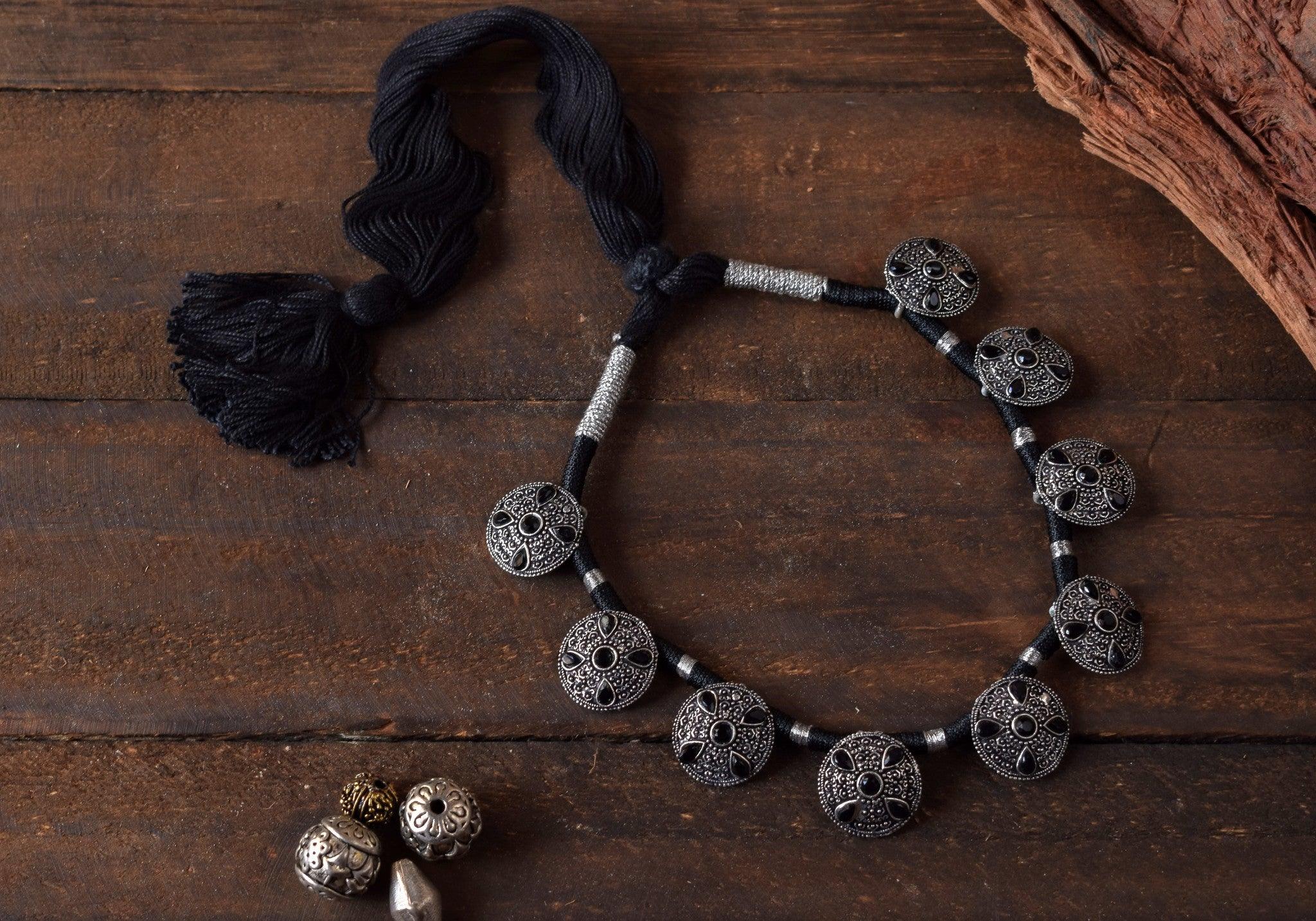 German Silver Coin Thread Necklace - Black - Happy Pique