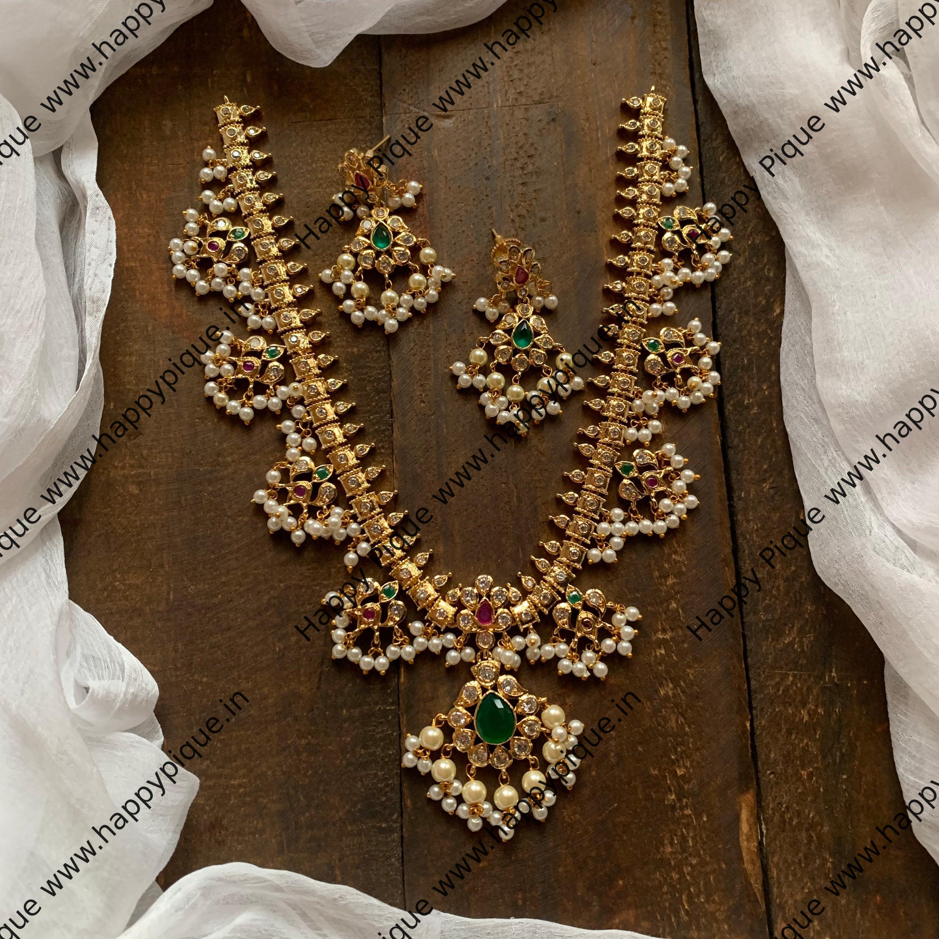 Micro Gold Guttapusalu Necklace - Green & Red
