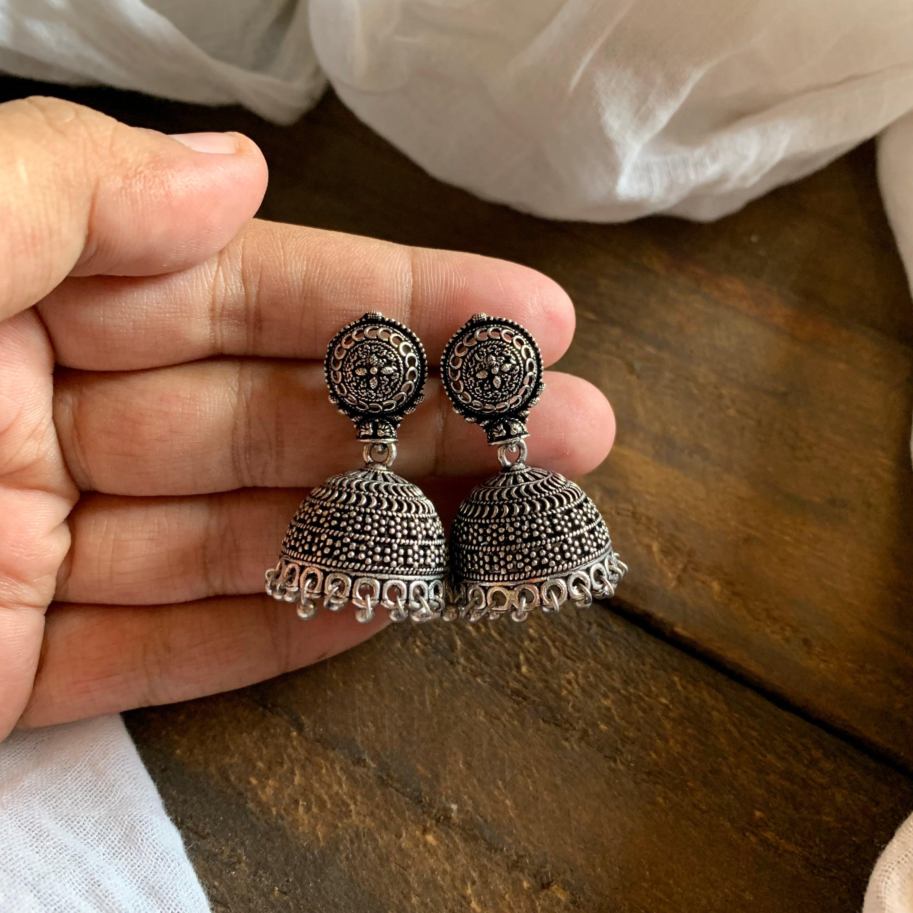 German Silver Small Jhumkas 003 - MOQ 9 Pieces - Happy Pique