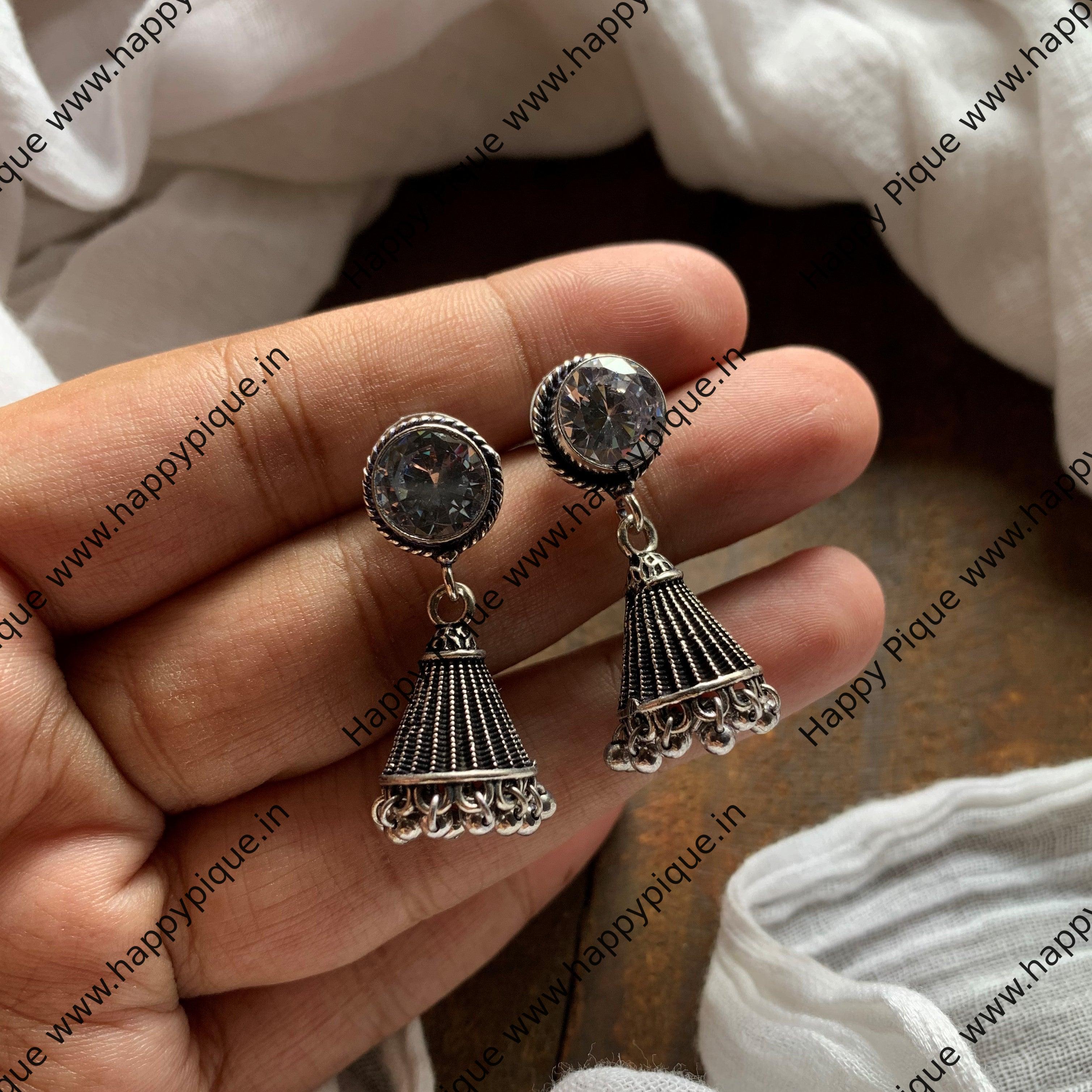 German Silver Cone Stone Jhumkas - White - Happy Pique
