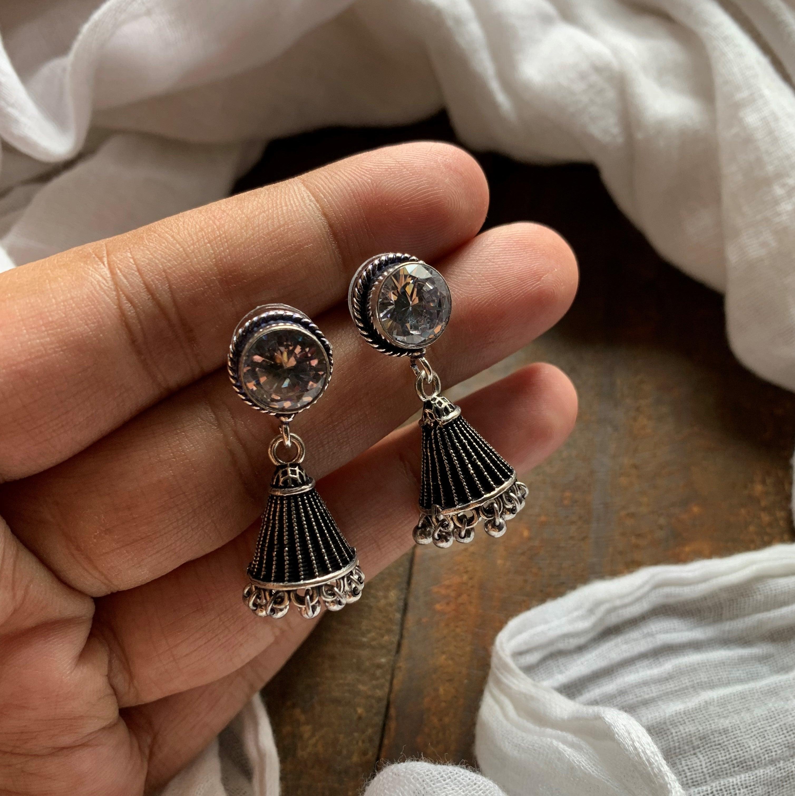 German Silver Cone Stone Jhumkas - White - Happy Pique