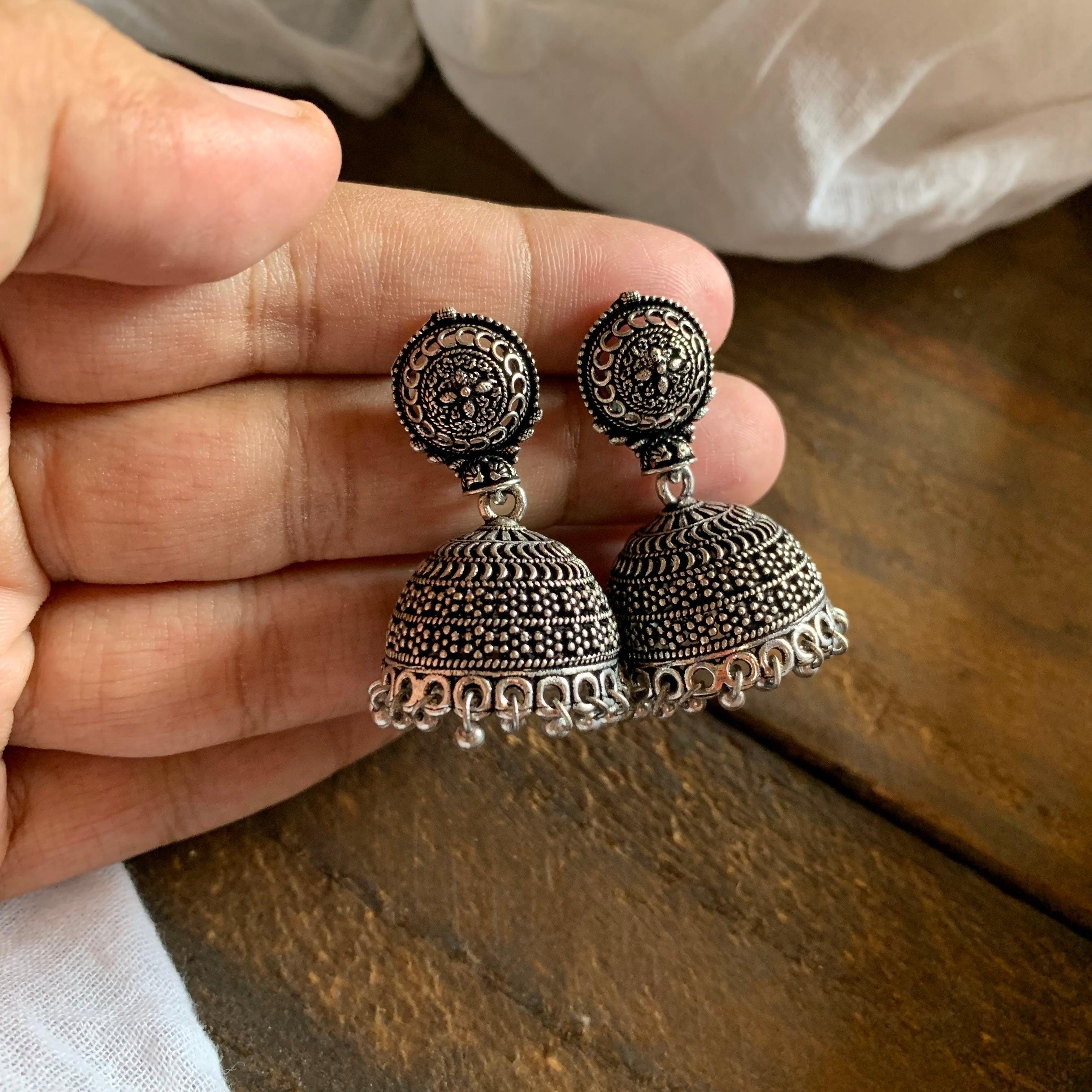 German Silver Small Jhumkas 003 - MOQ 9 Pieces - Happy Pique