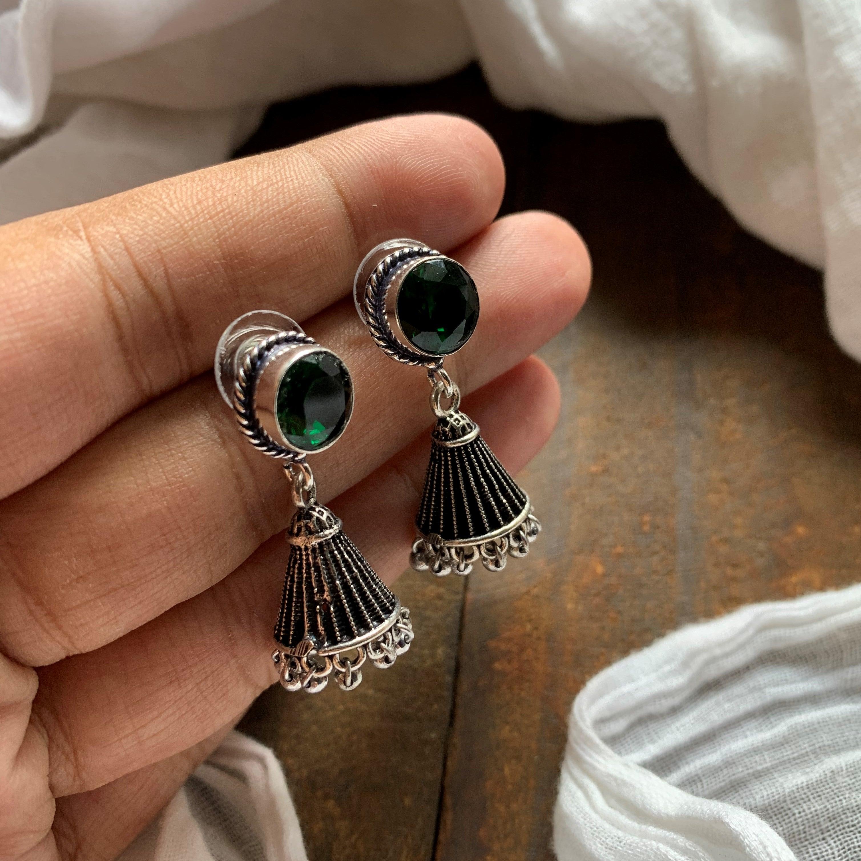 German Silver Cone Stone Jhumkas - Emerald - Happy Pique