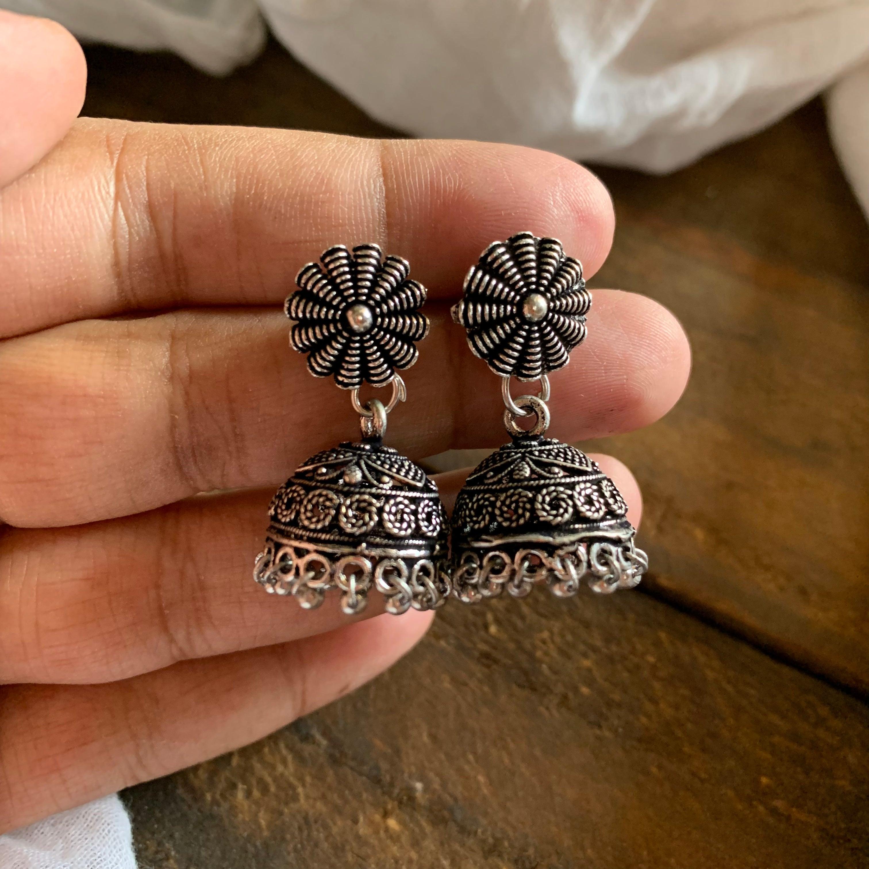 German Silver Small Jhumkas 002 - MOQ 9 Pieces - Happy Pique