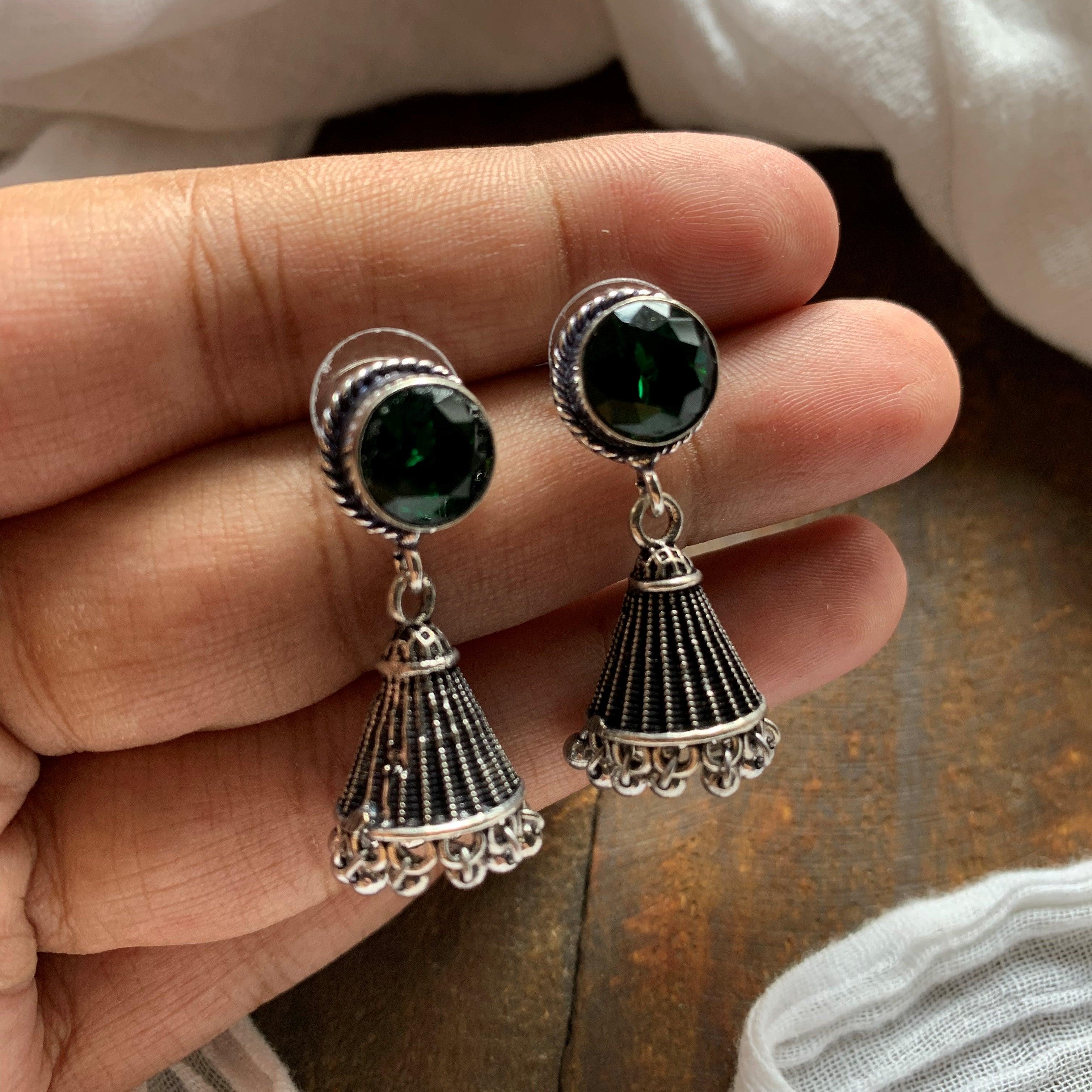 German Silver Cone Stone Jhumkas - Emerald - Happy Pique