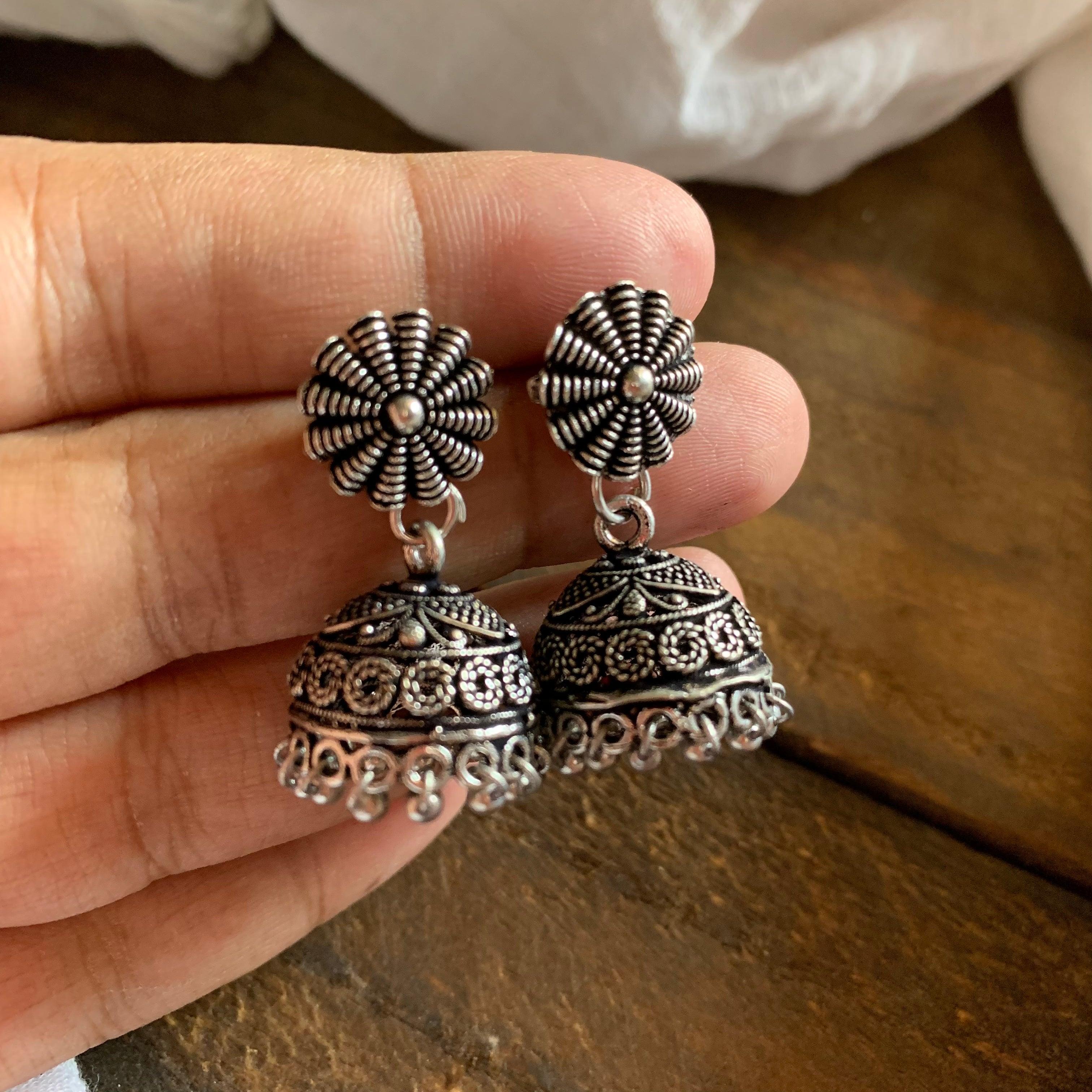 German Silver Small Jhumkas 002 - MOQ 9 Pieces - Happy Pique