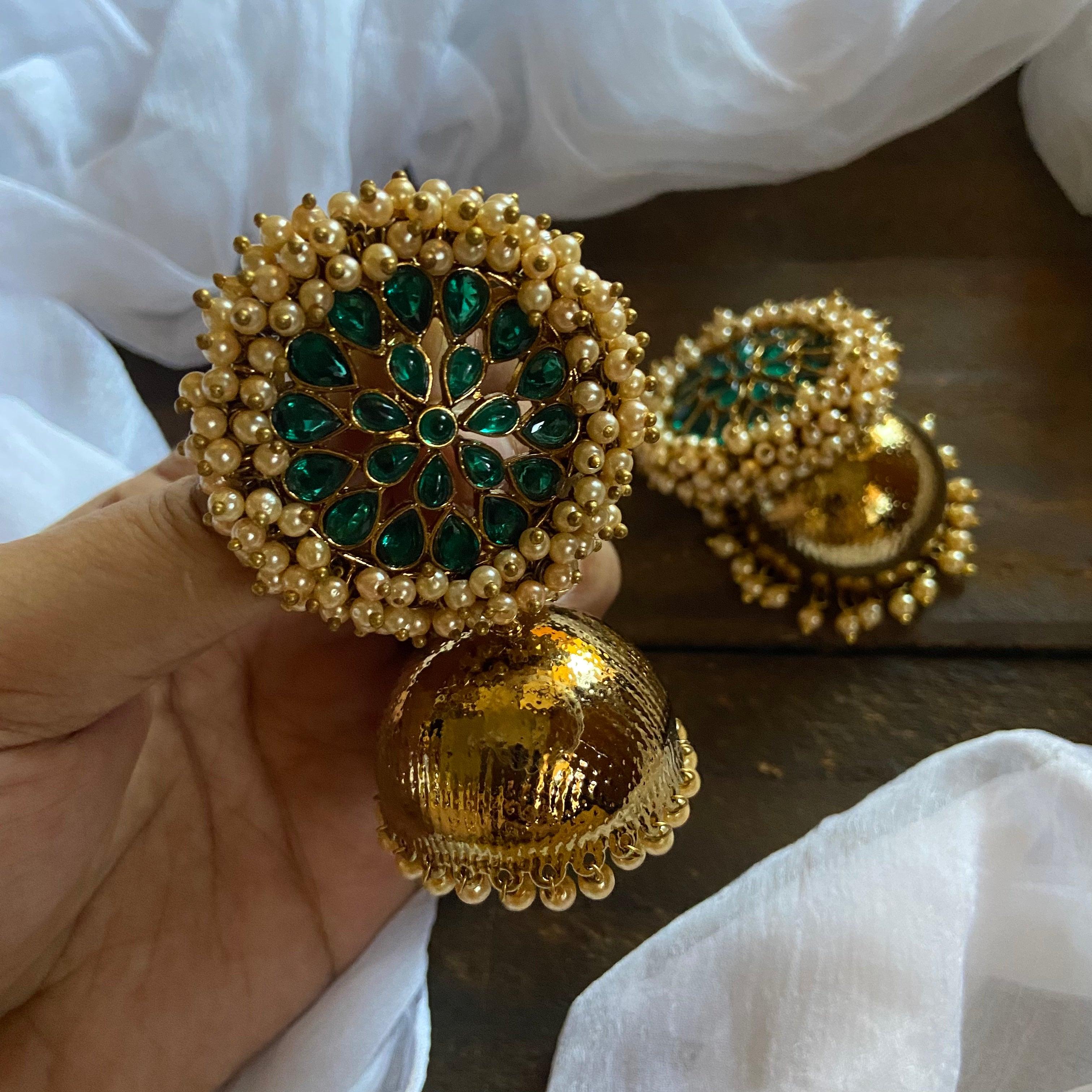 Big Kemp Stones Studded Cluster Pearl Top Bollywood Festive Jhumkas - Green - Happy Pique
