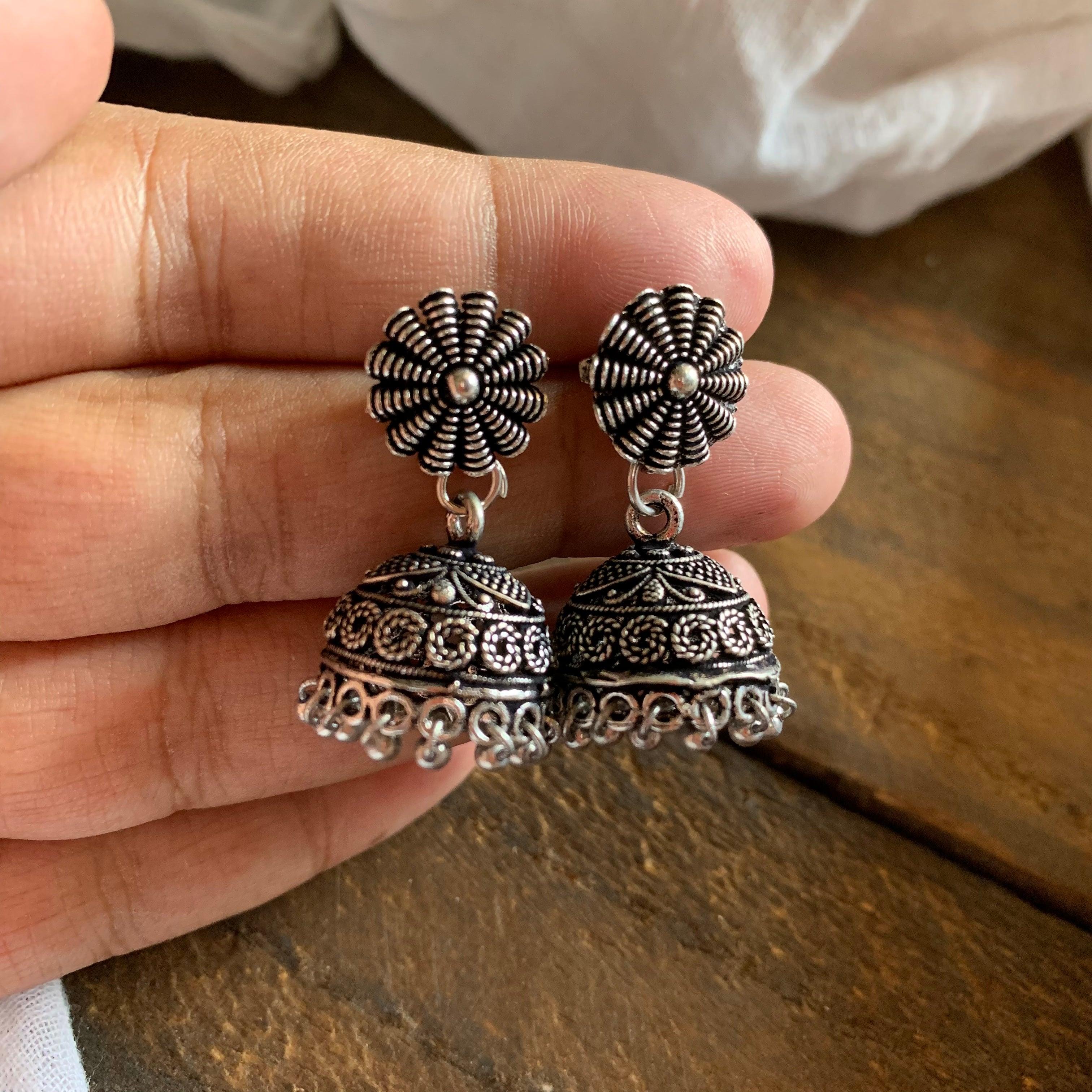 German Silver Small Jhumkas 002 - MOQ 9 Pieces - Happy Pique