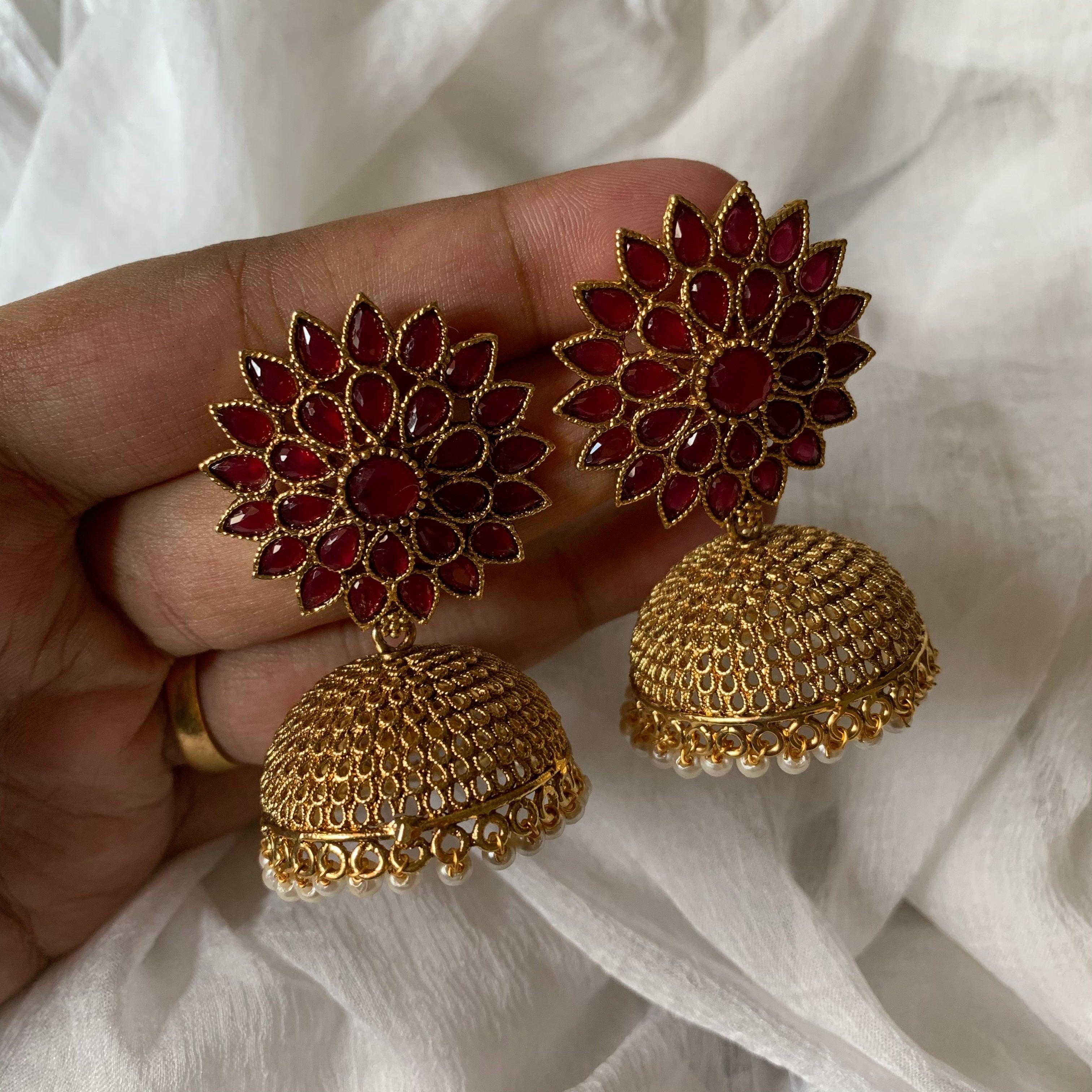 Light Weight AD Flower Stud Jhumkas - Red - Happy Pique