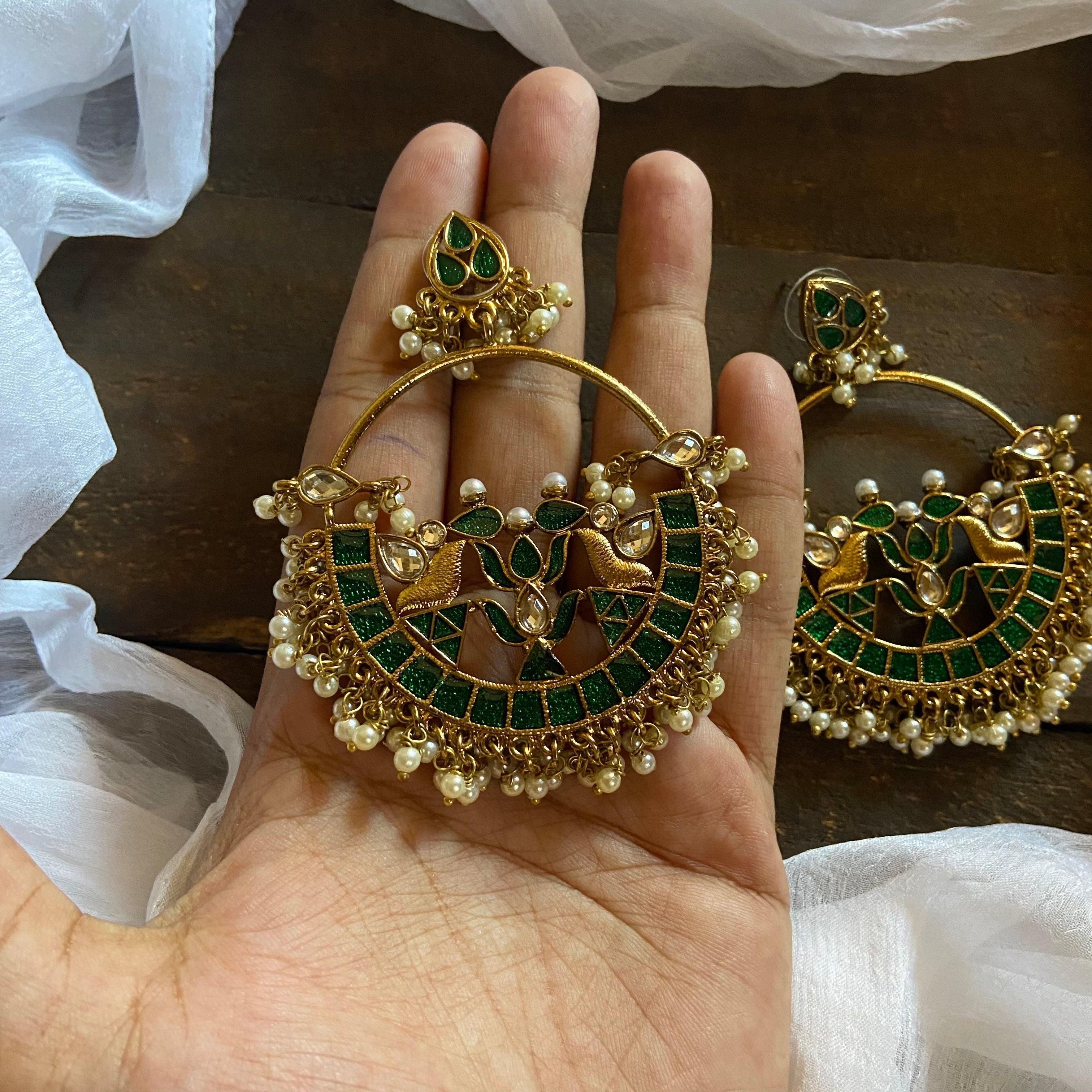Festive Bollywood Style Chaandbali Earrings - Glossy Green - Happy Pique