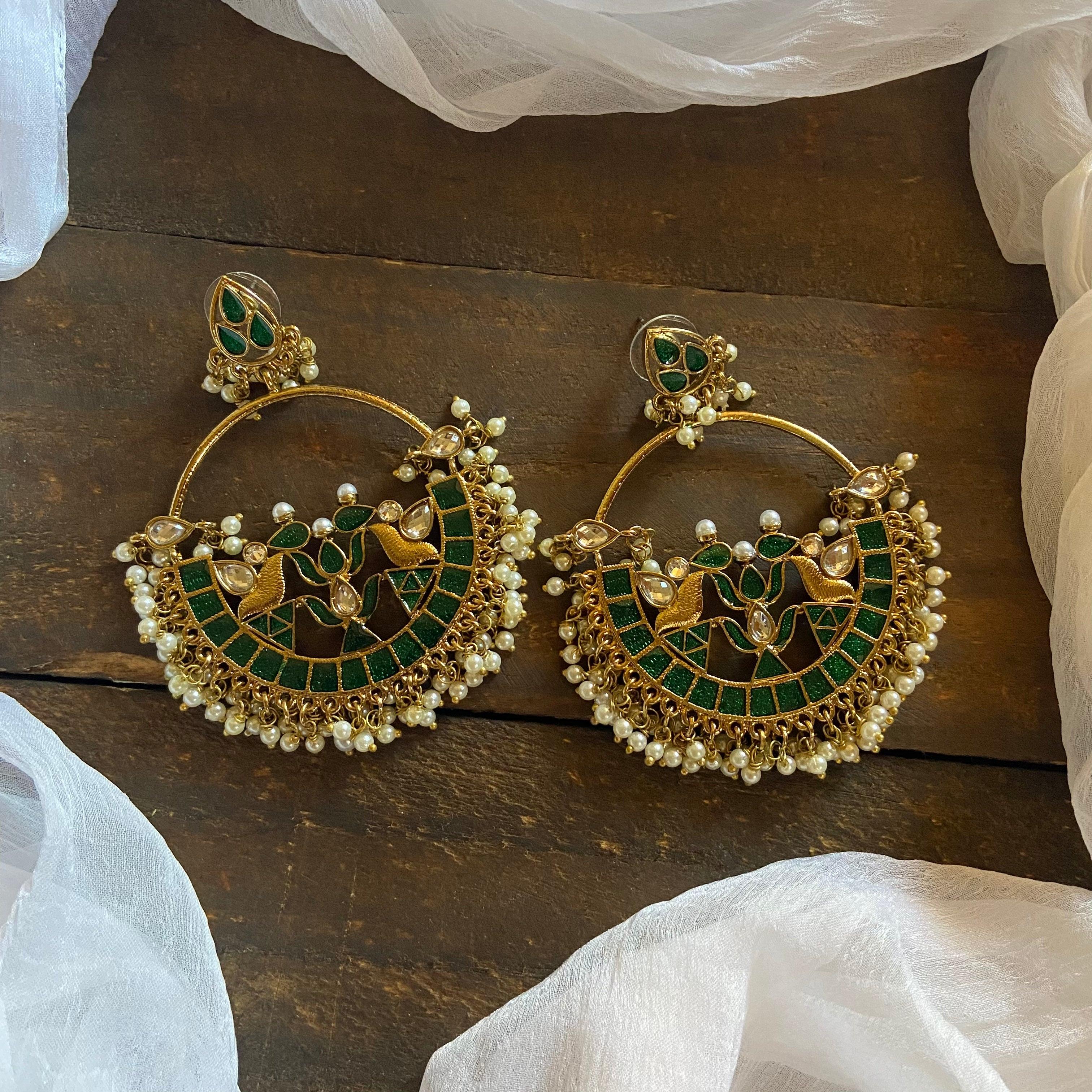Festive Bollywood Style Chaandbali Earrings - Glossy Green - Happy Pique