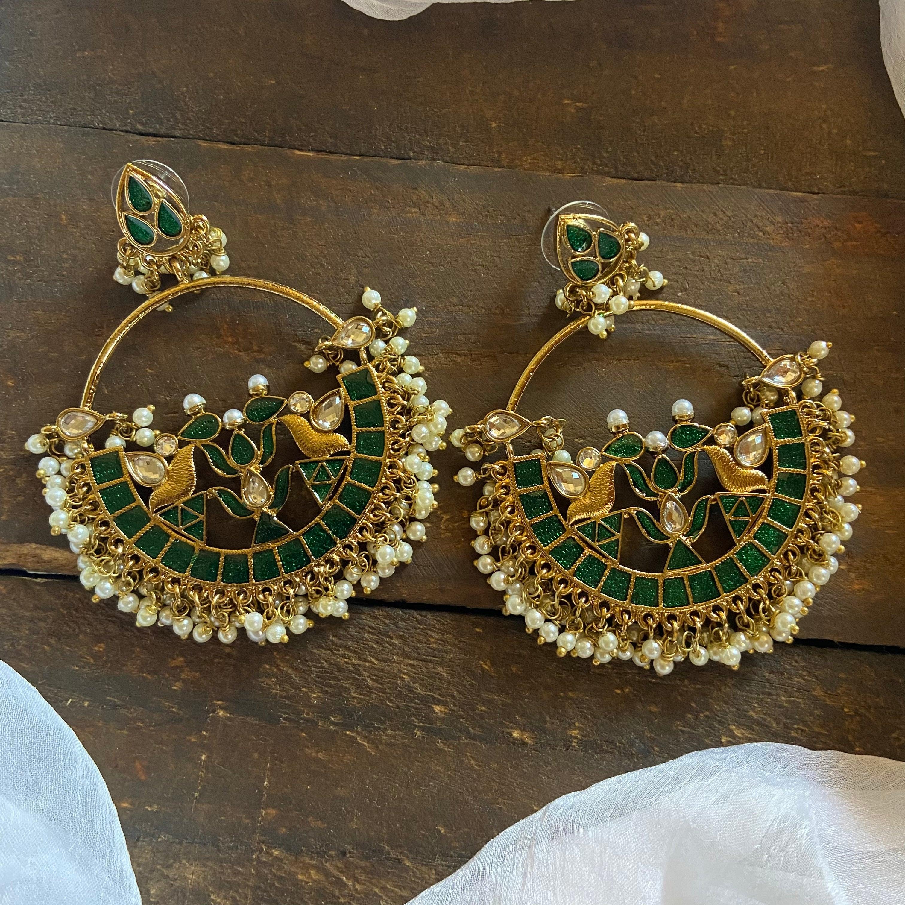 Festive Bollywood Style Chaandbali Earrings - Glossy Green - Happy Pique