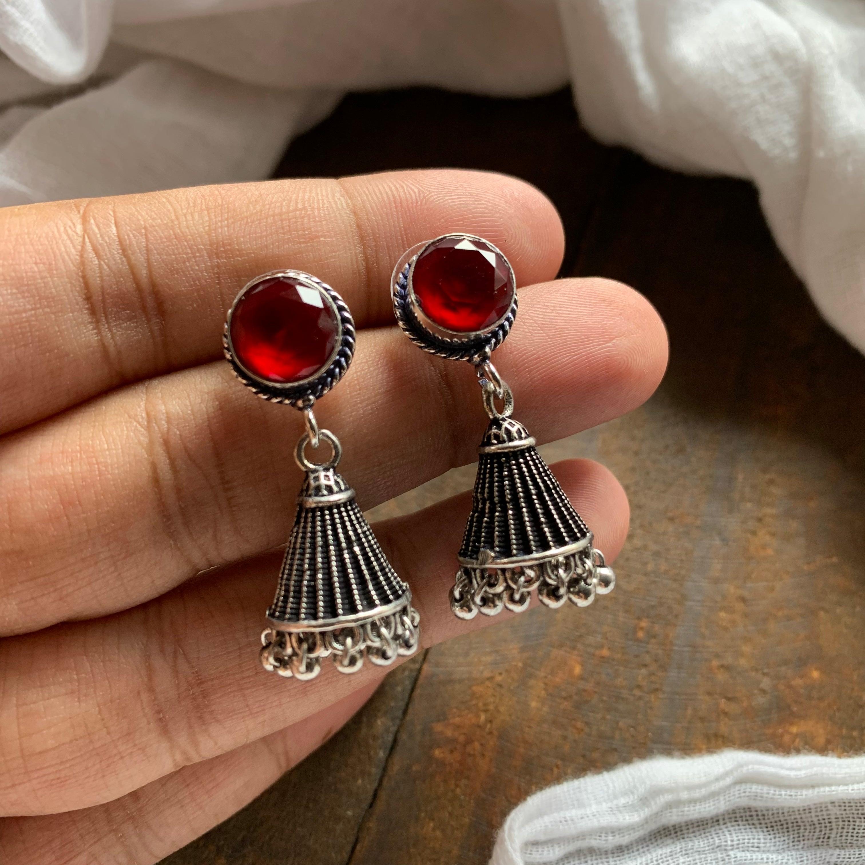 Cone Stone German Silver Jhumkas - Red - Happy Pique