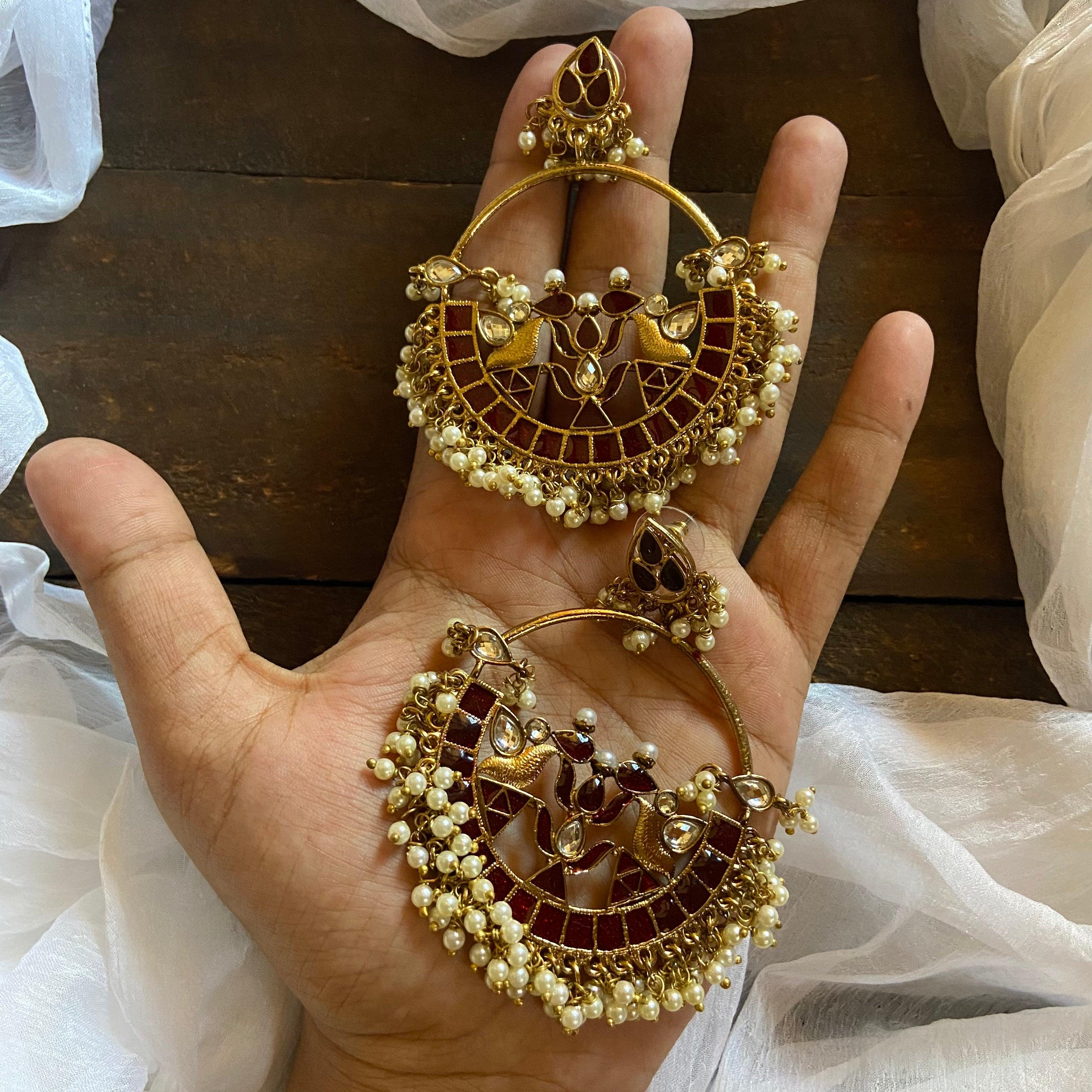 Festive Bollywood Style Chaandbali Earrings - Glossy Green - Happy Pique