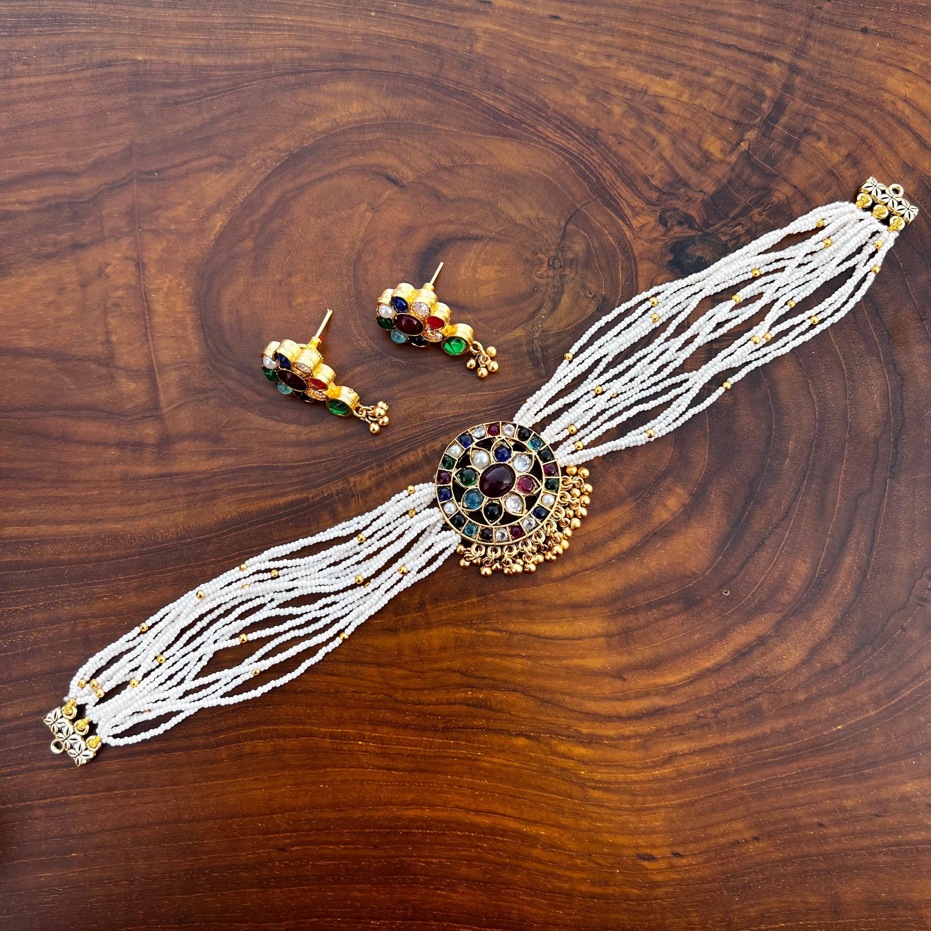 Flower Chakra Multi Strand Pearl Kemp Choker Necklace Set - Navarathna - Happy Pique