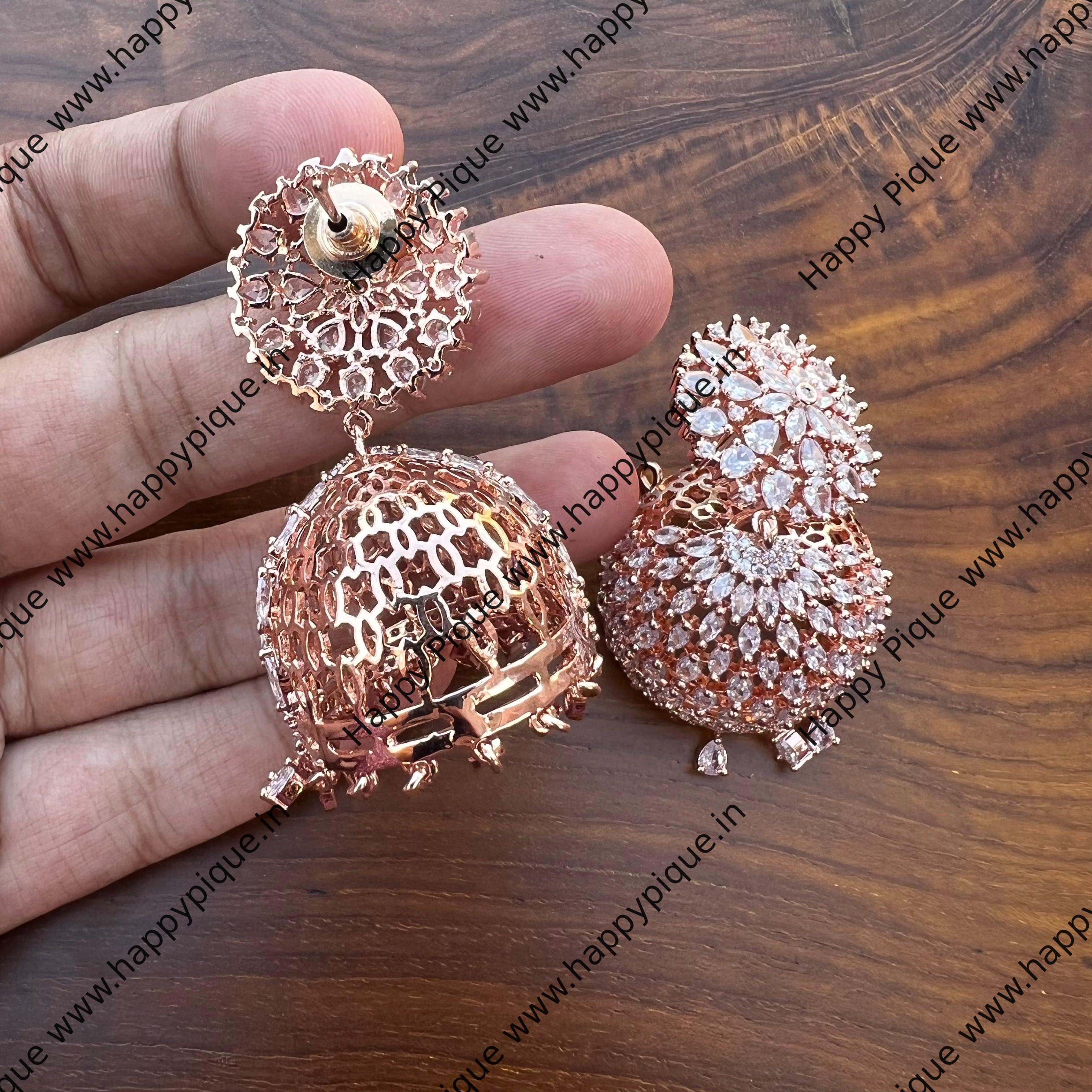 Rose Gold Zircon AD Jhumkas - Happy Pique