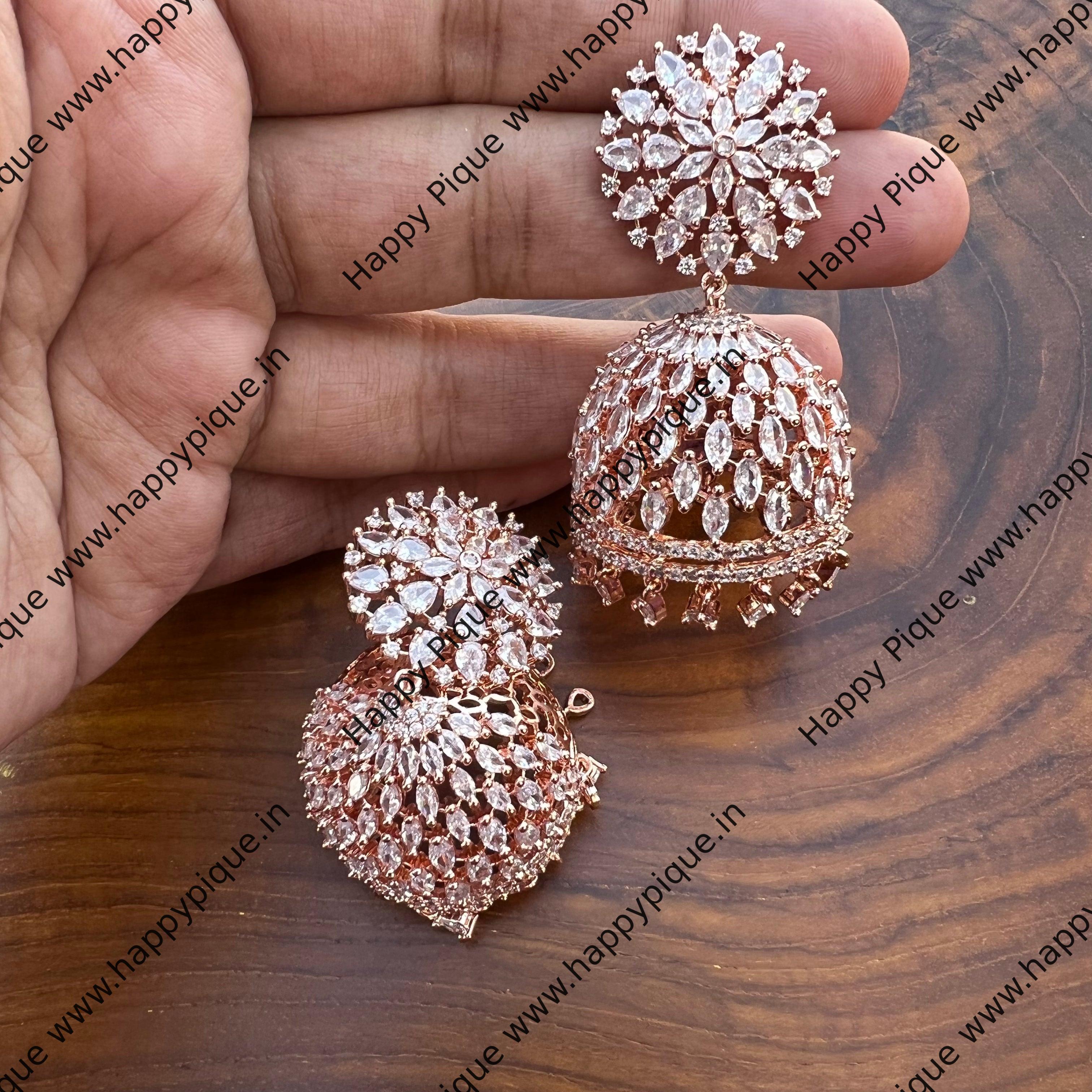 Rose Gold Zircon AD Jhumkas - Happy Pique