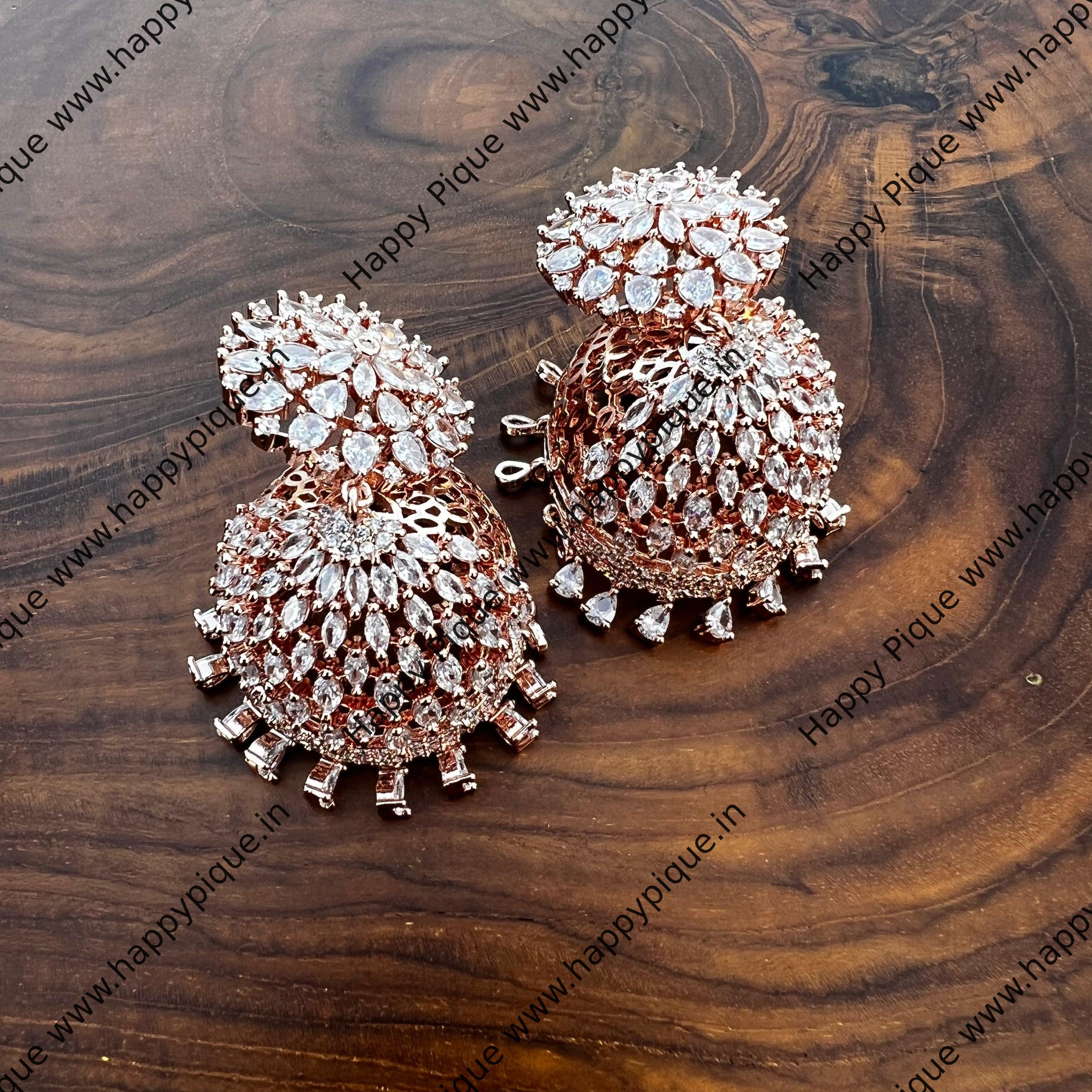 Rose Gold Zircon AD Jhumkas - Happy Pique