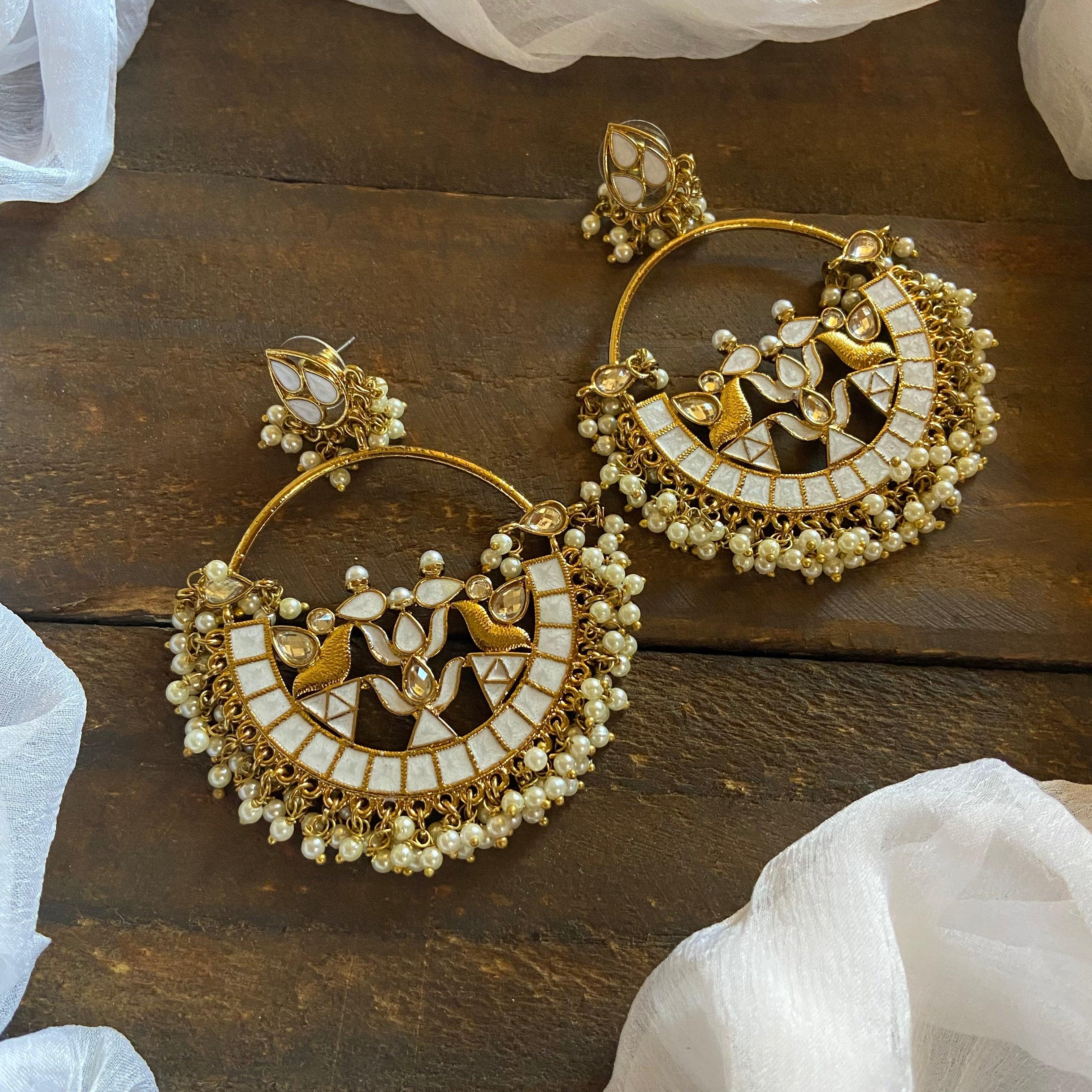 Festive Bollywood Style Chaandbali Earrings - Pearl White - Happy Pique