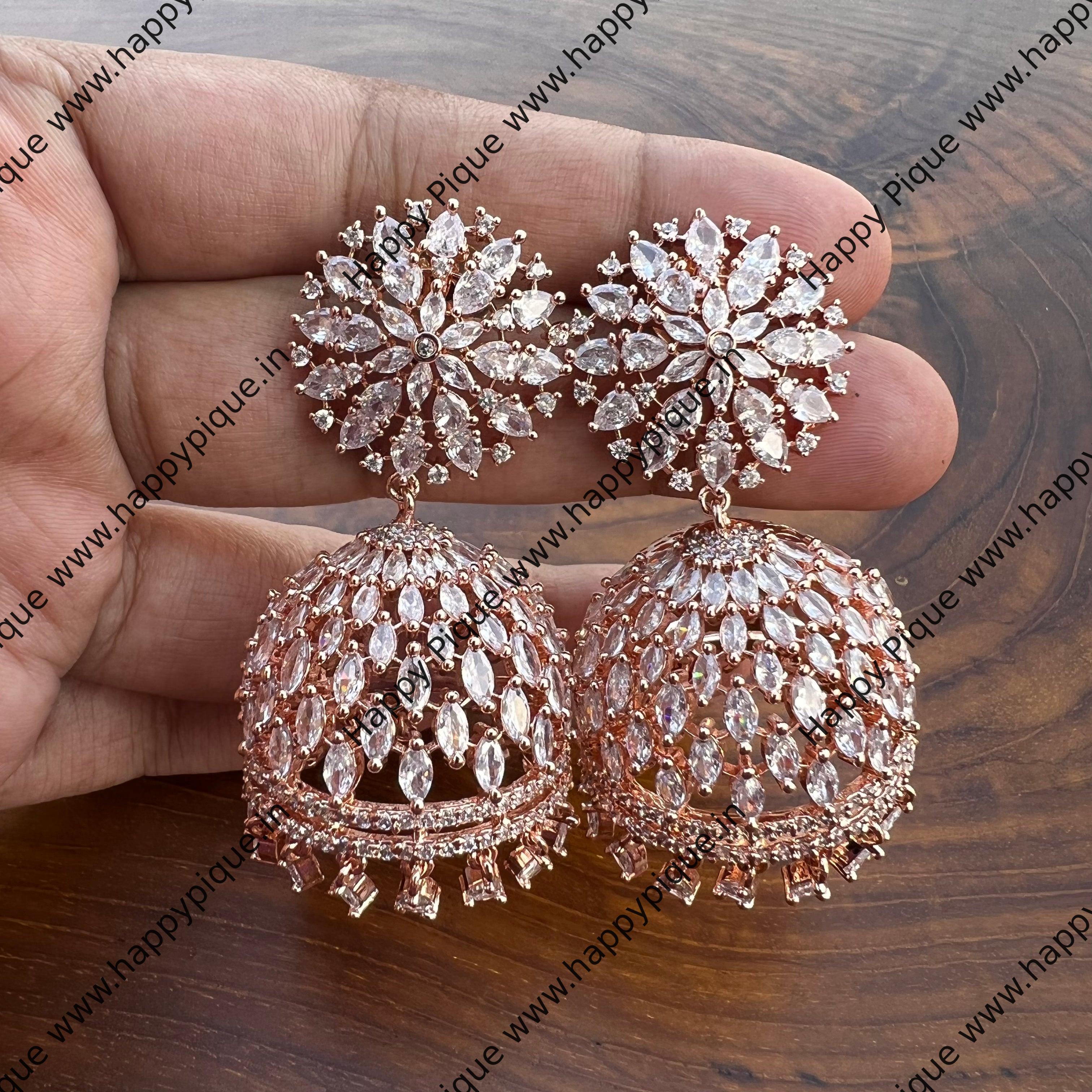 Rose Gold Zircon AD Jhumkas - Happy Pique
