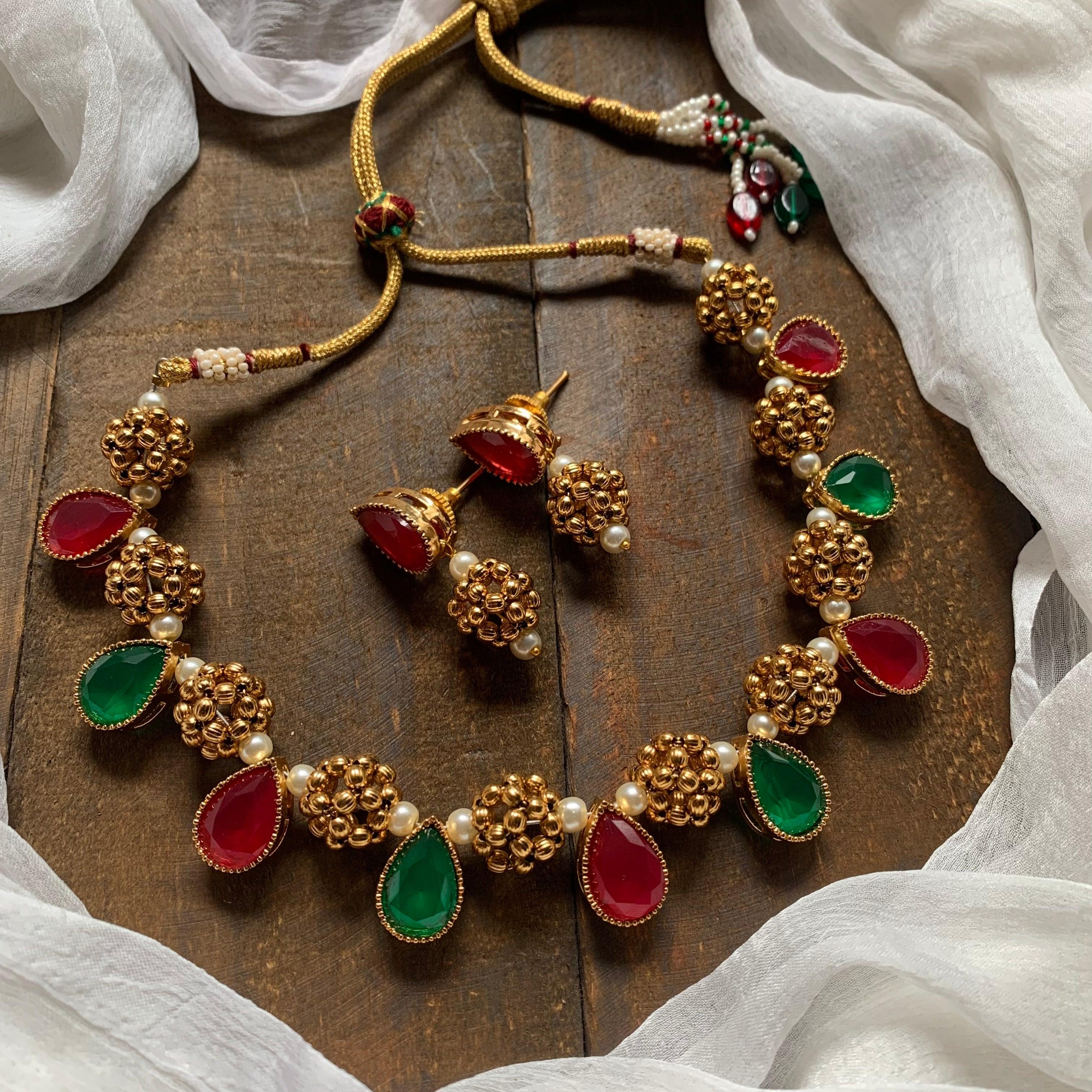 Gold Thushi Balls Tilak Stone Necklace - Red & Green - Happy Pique