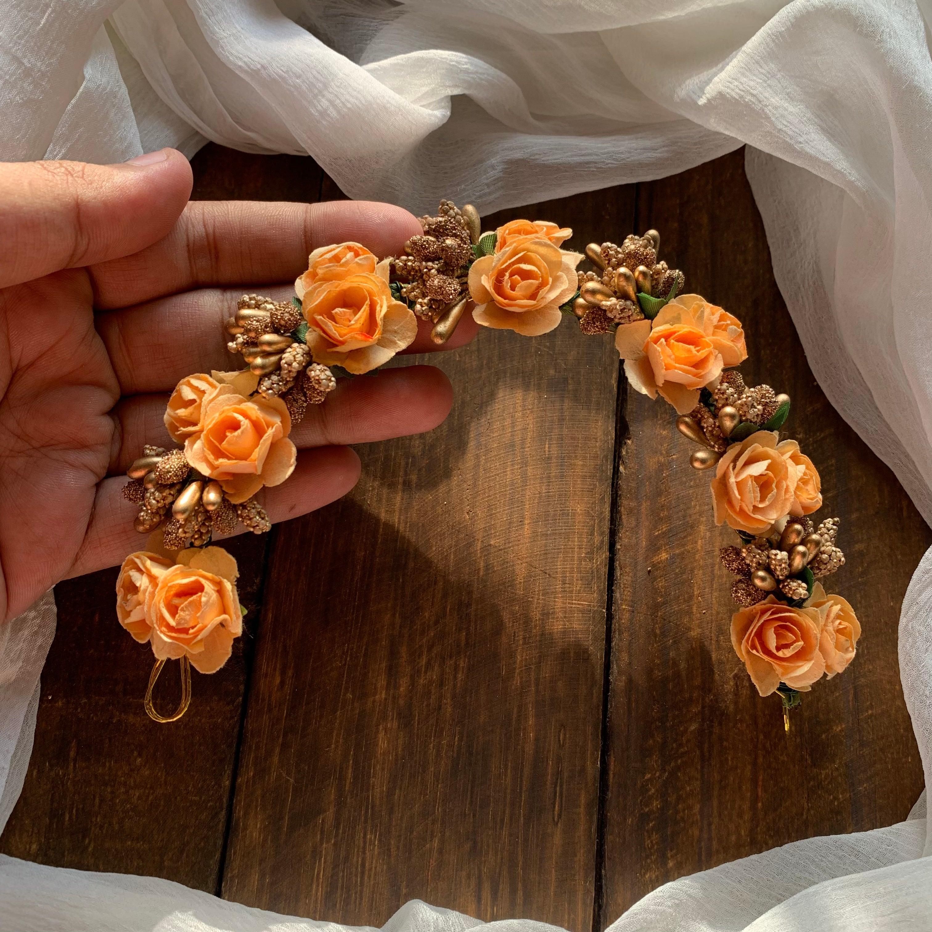 Flexible Double Rose Bridal Hair Bun Artificial Flower Accessory - Pastel Orange - Happy Pique