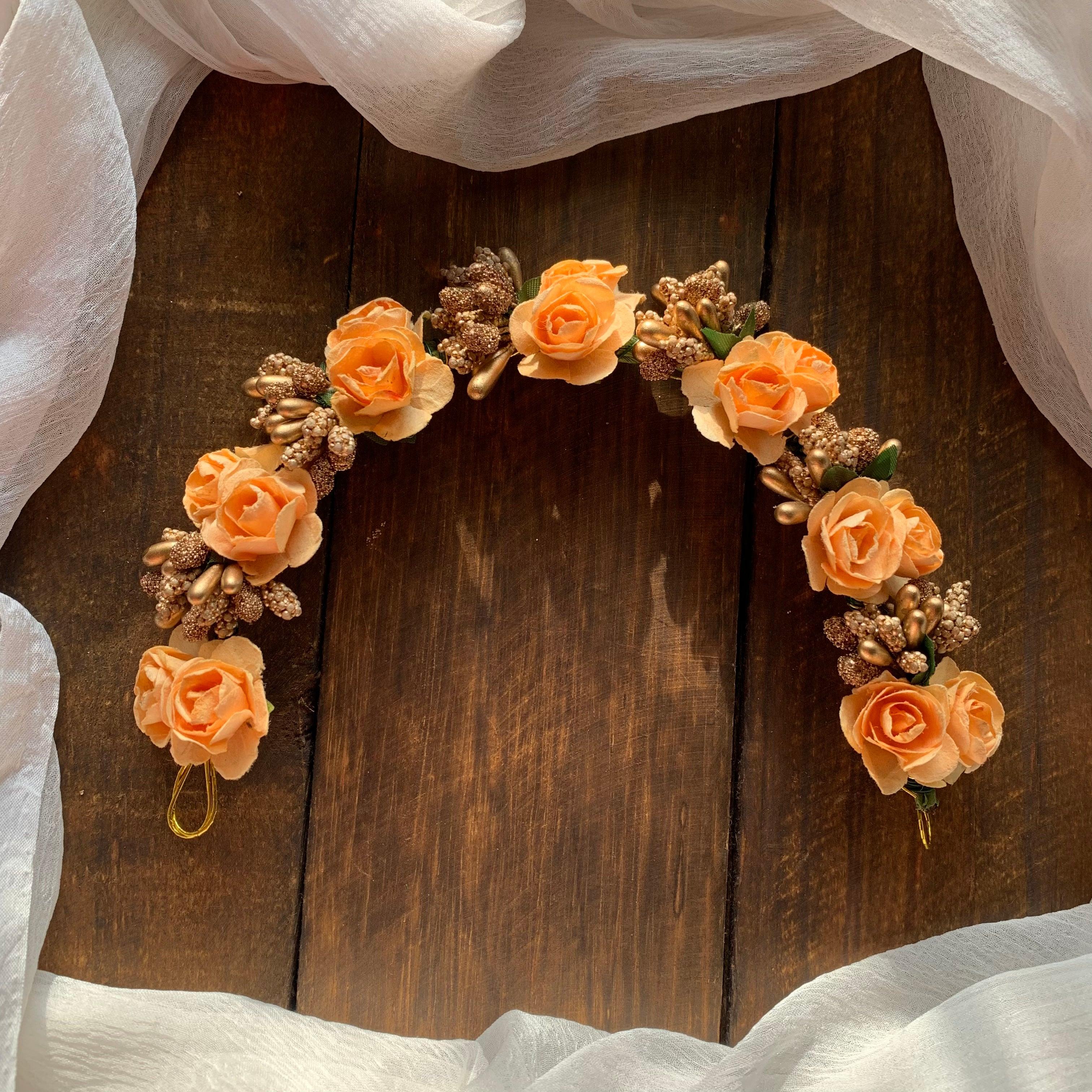 Flexible Double Rose Bridal Hair Bun Artificial Flower Accessory - Pastel Orange - Happy Pique