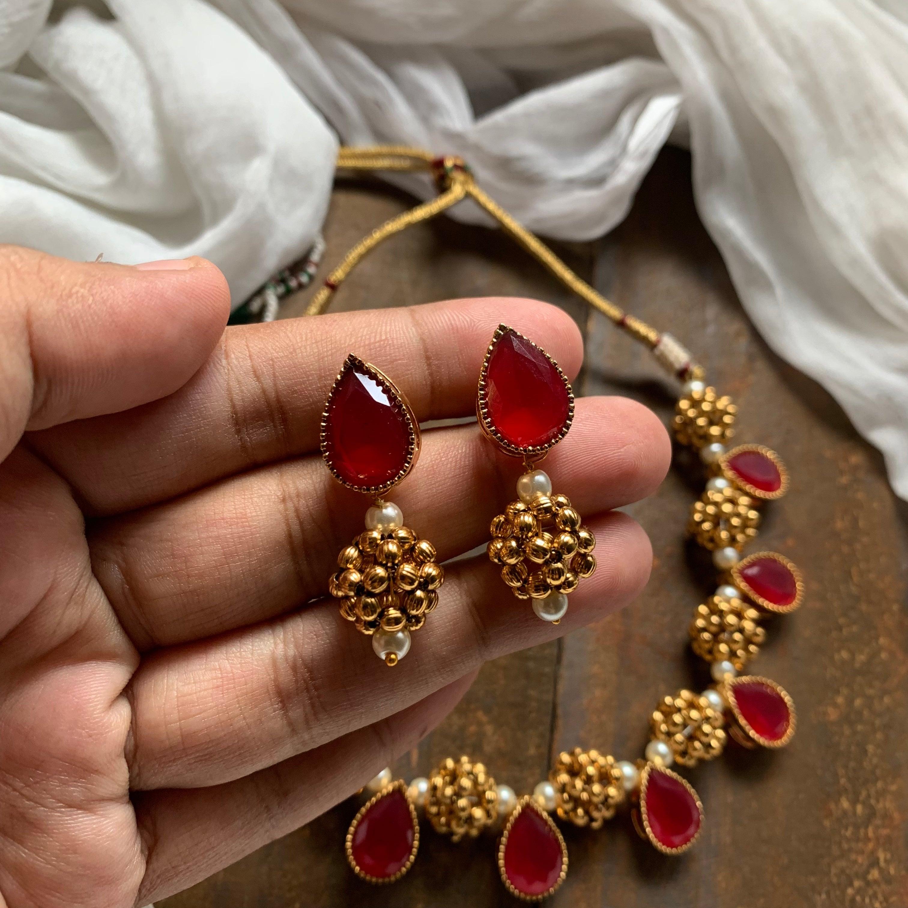 Gold Thushi Balls Tilak Stone Necklace - Red - Happy Pique