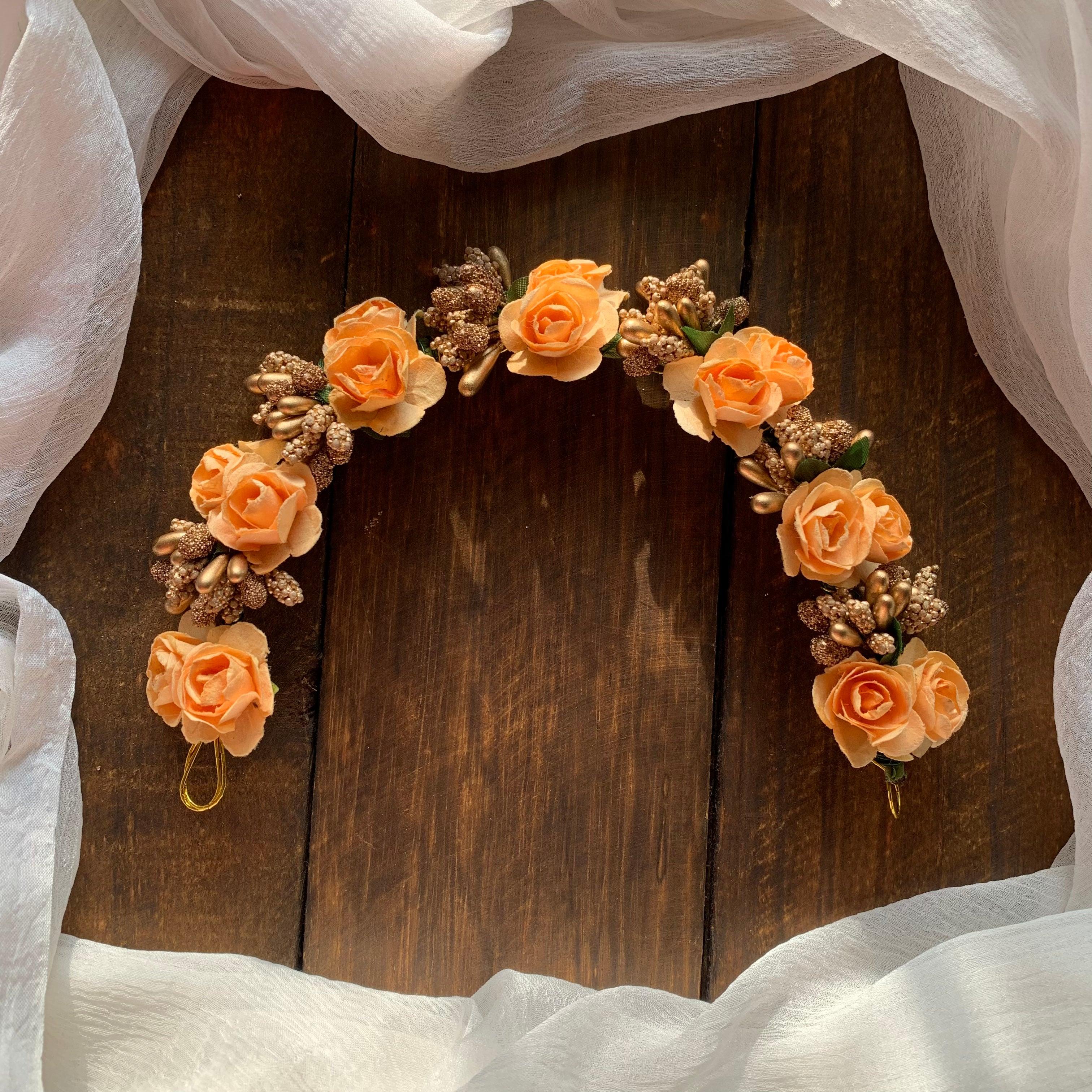 Flexible Double Rose Bridal Hair Bun Artificial Flower Accessory - Pastel Orange - Happy Pique