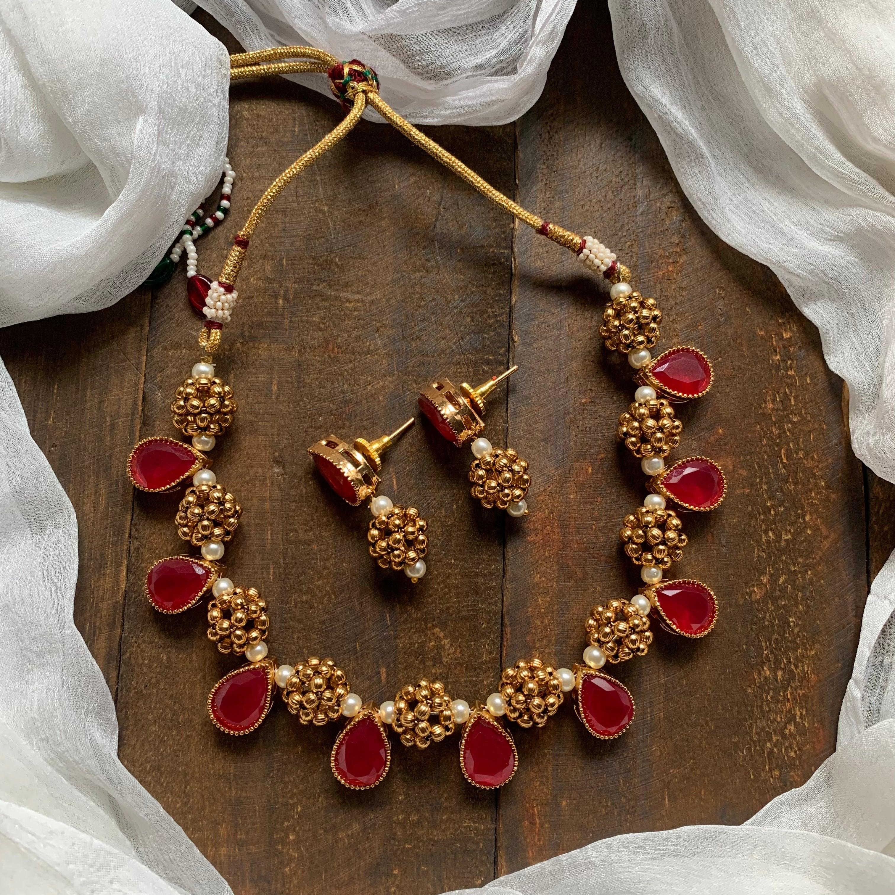 Gold Thushi Balls Tilak Stone Necklace - Red - Happy Pique