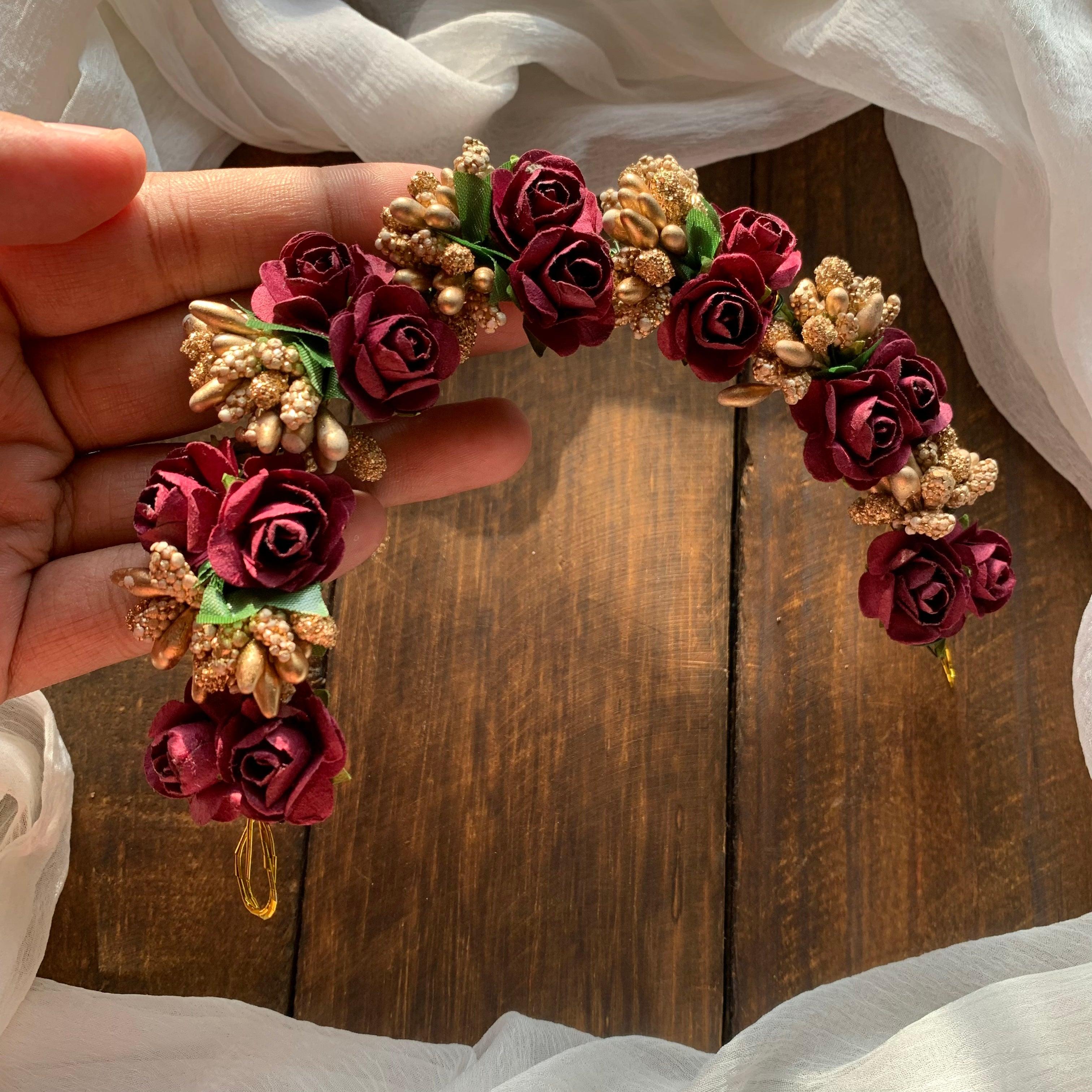 Flexible Double Rose Bridal Hair Bun Artificial Flower Accessory - Maroon - Happy Pique