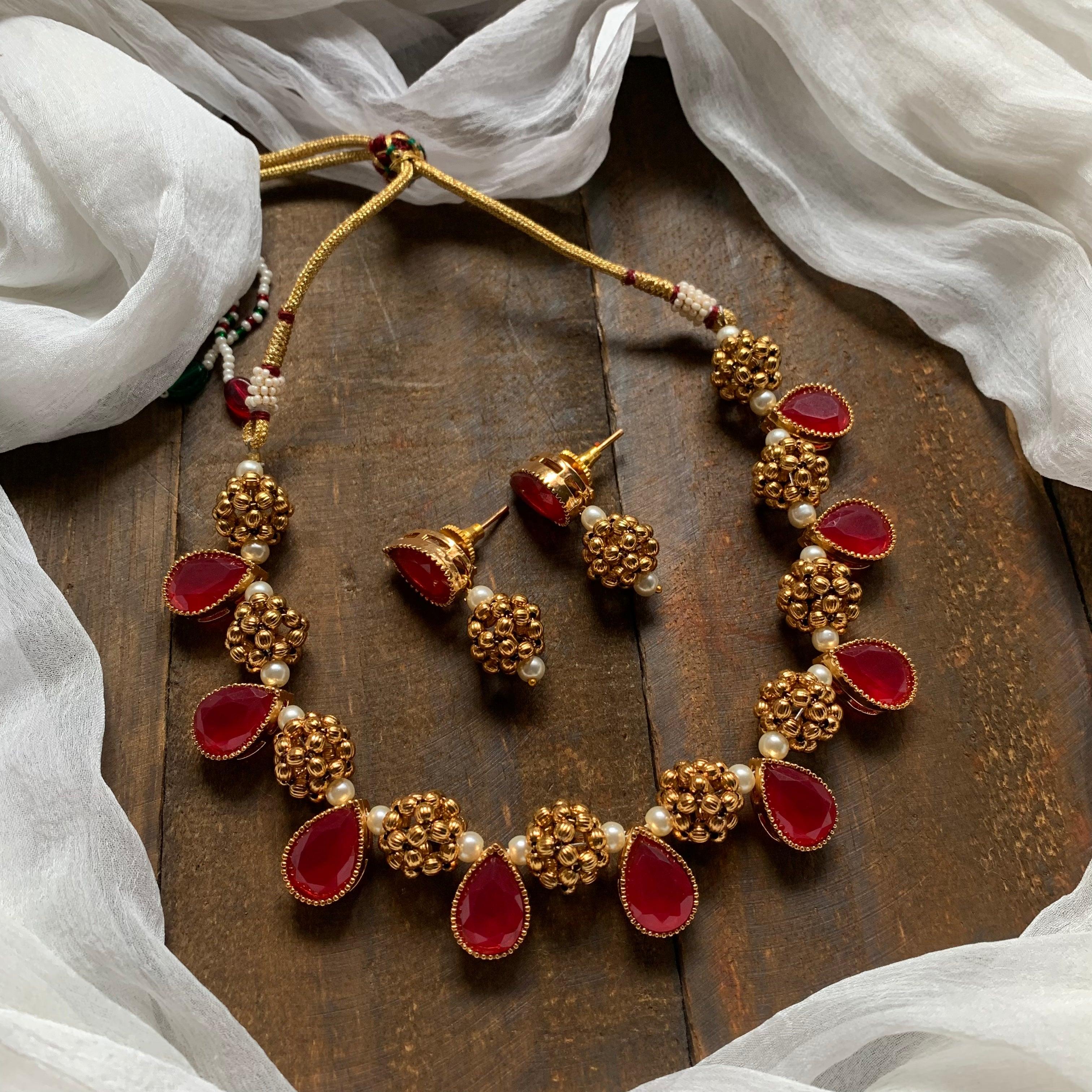 Gold Thushi Balls Tilak Stone Necklace - Red - Happy Pique