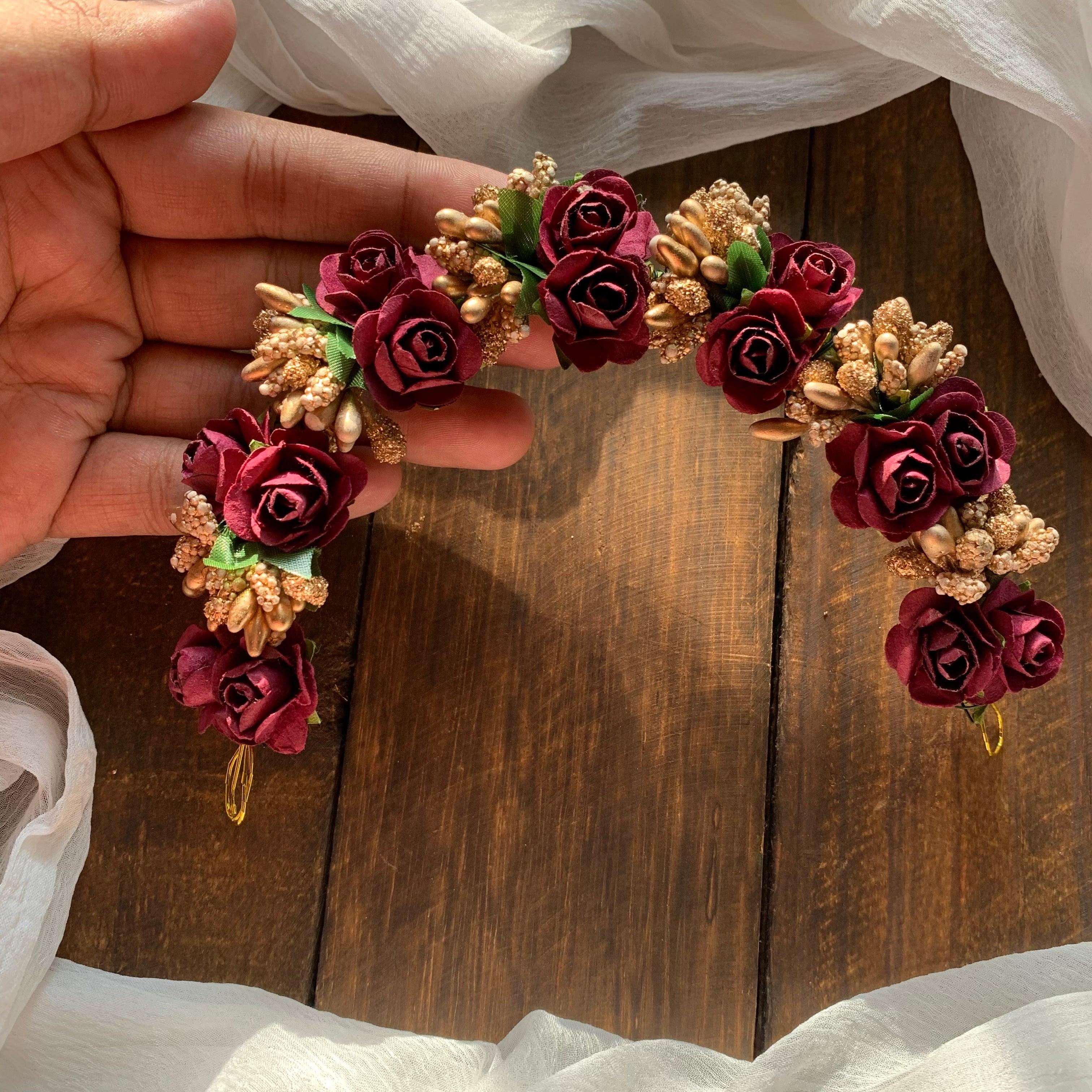 Flexible Double Rose Bridal Hair Bun Artificial Flower Accessory - Maroon - Happy Pique