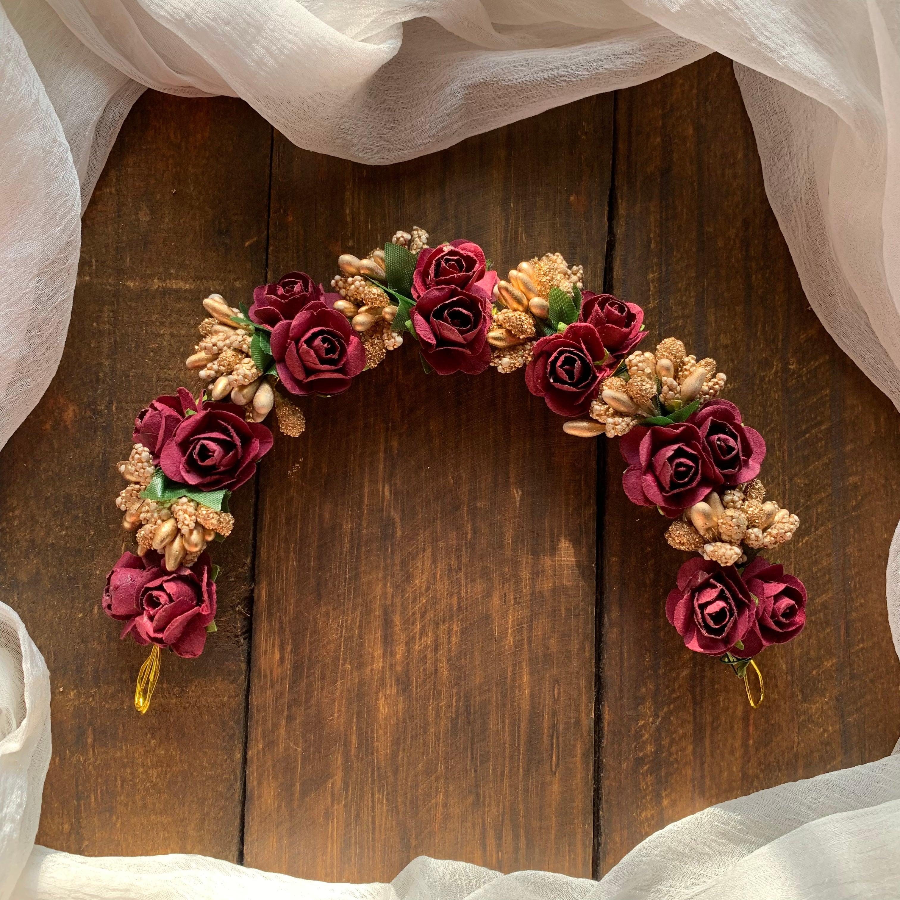 Flexible Double Rose Bridal Hair Bun Artificial Flower Accessory - Maroon - Happy Pique