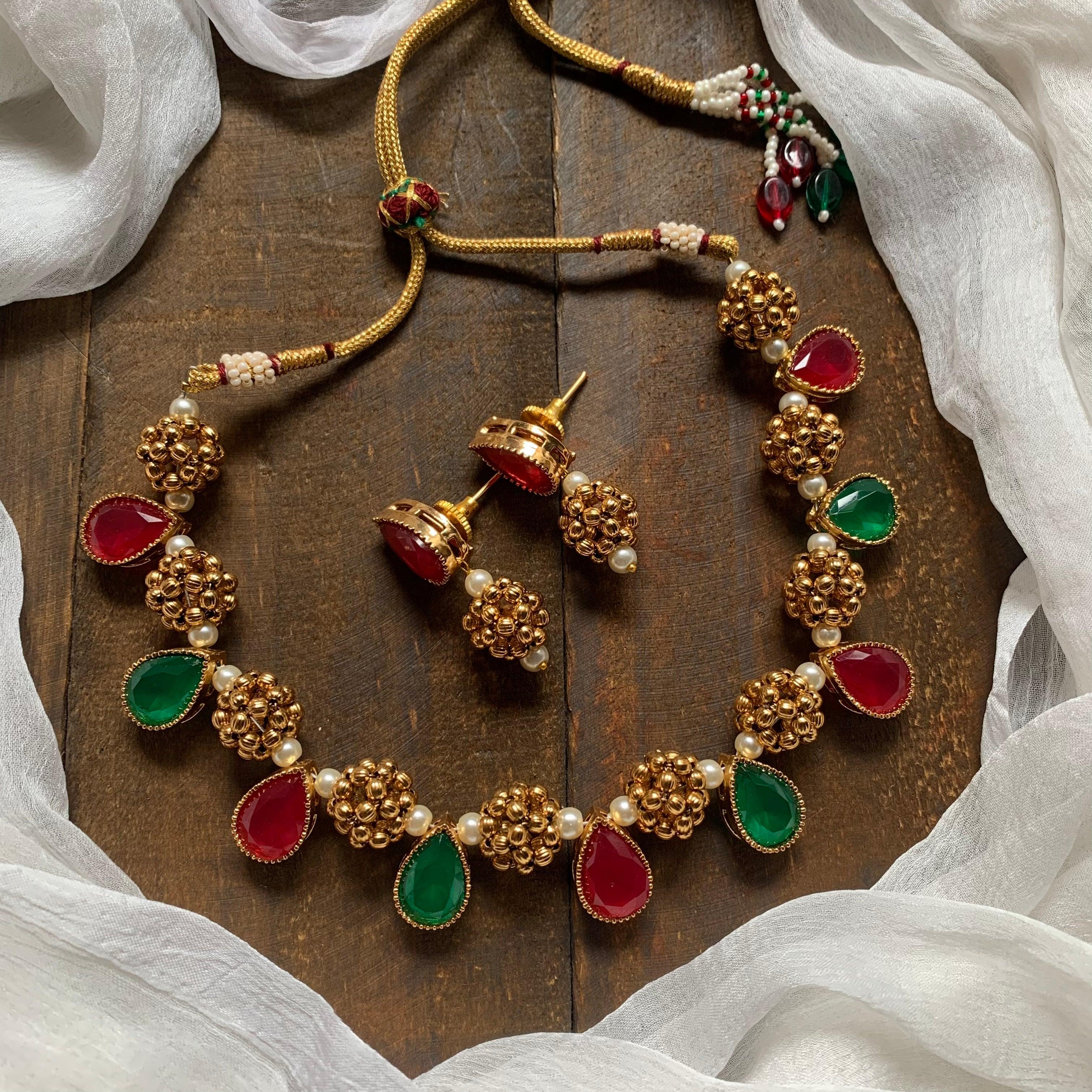 Gold Thushi Balls Tilak Stone Necklace - Red & Green - Happy Pique
