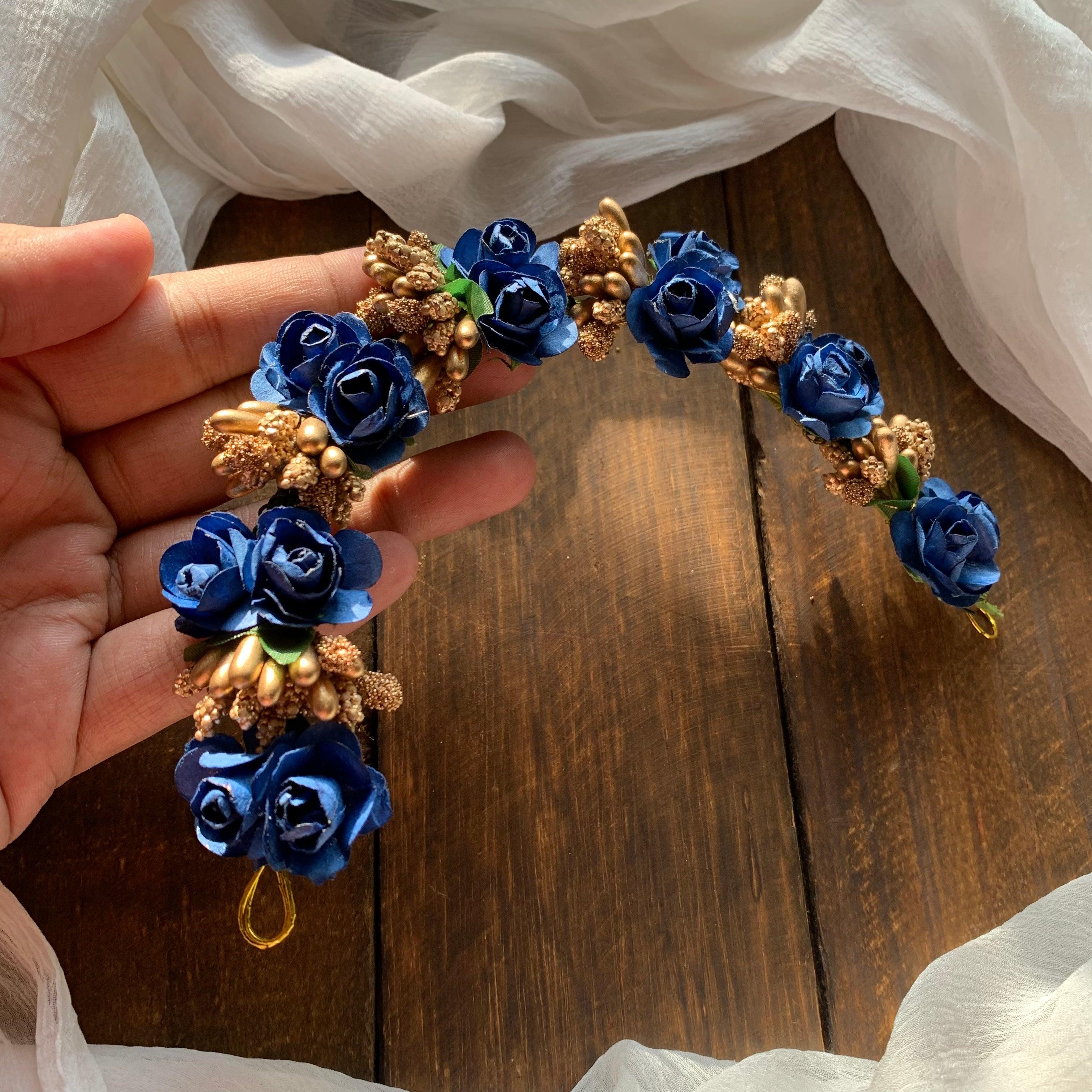 Flexible Double Rose Bridal Hair Bun Artificial Flower Accessory - Dark Blue - Happy Pique