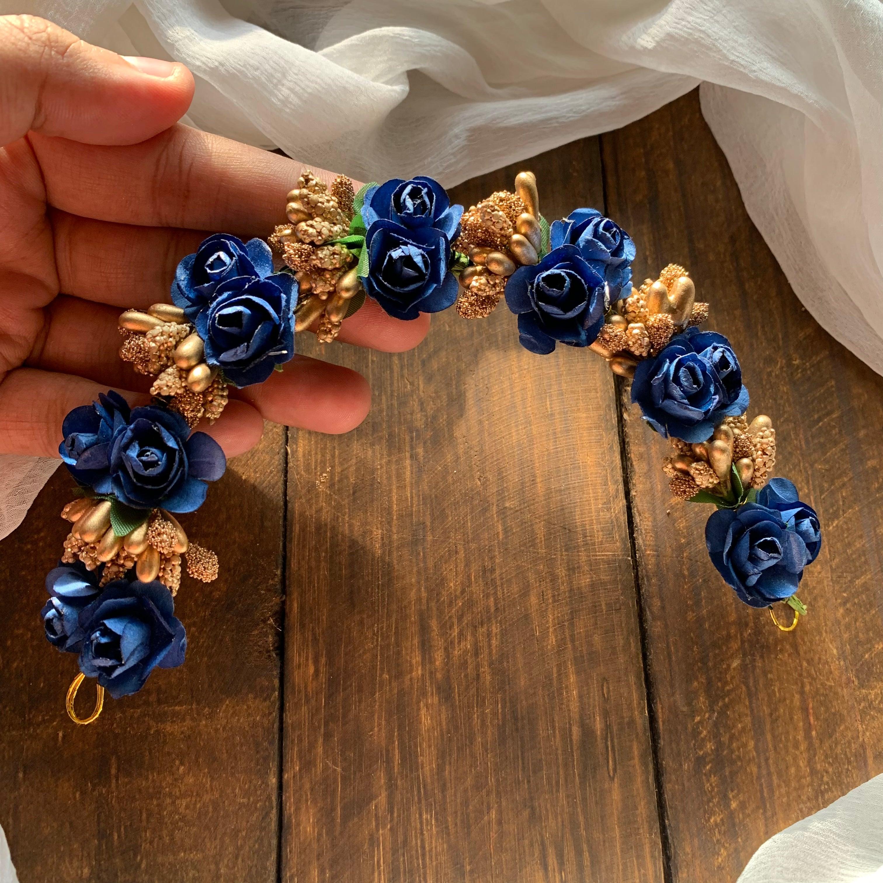 Flexible Double Rose Bridal Hair Bun Artificial Flower Accessory - Dark Blue - Happy Pique