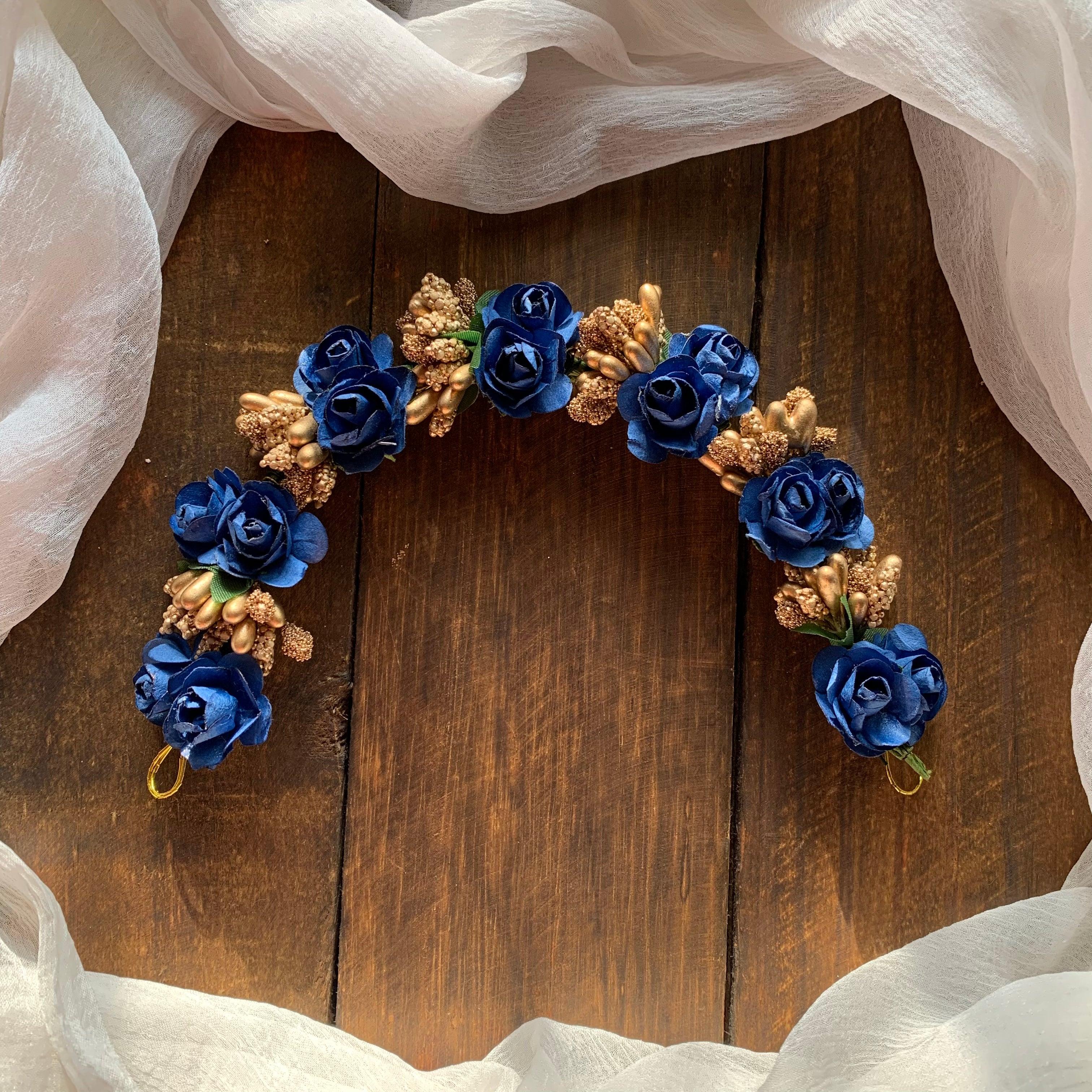 Flexible Double Rose Bridal Hair Bun Artificial Flower Accessory - Dark Blue - Happy Pique