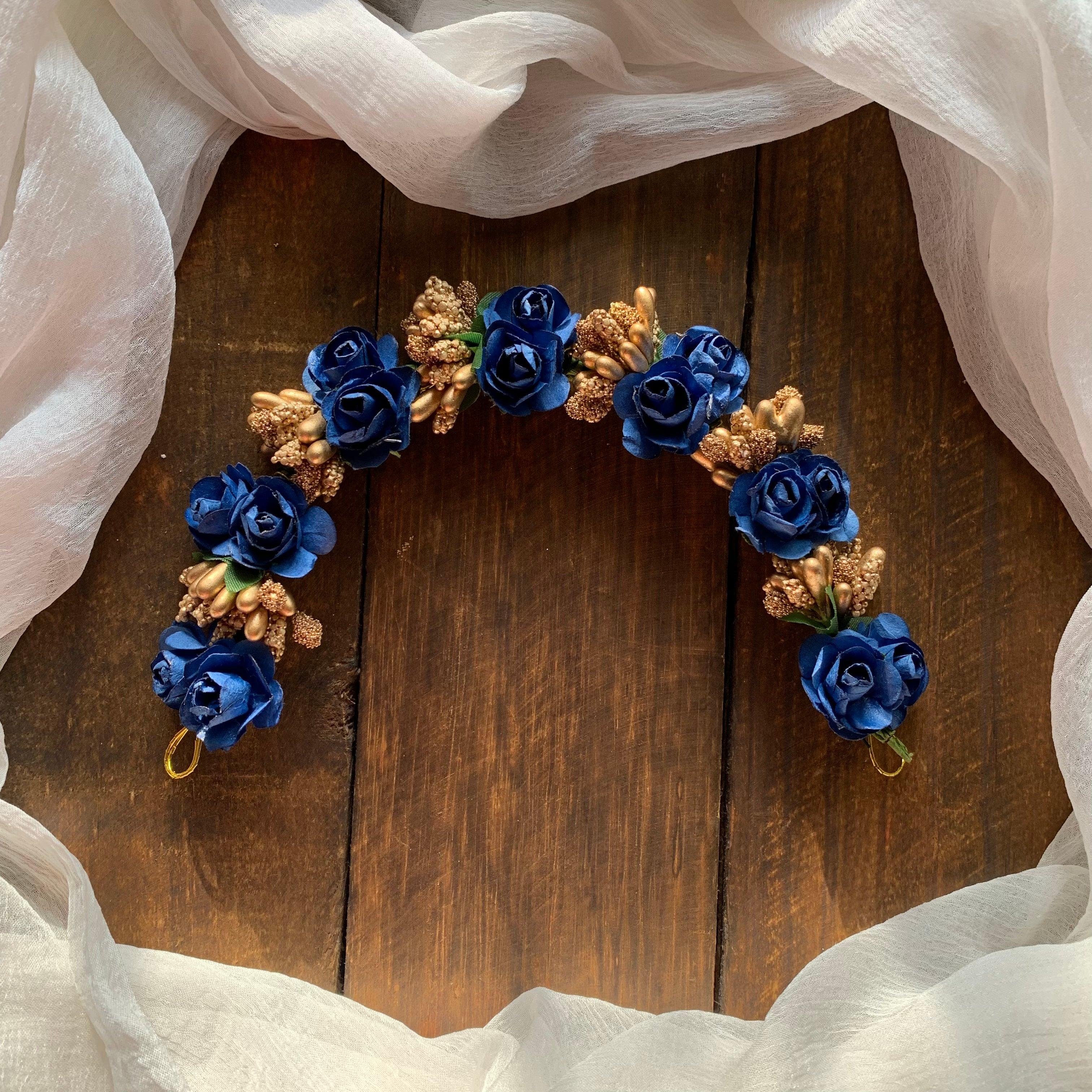 Flexible Double Rose Bridal Hair Bun Artificial Flower Accessory - Dark Blue - Happy Pique