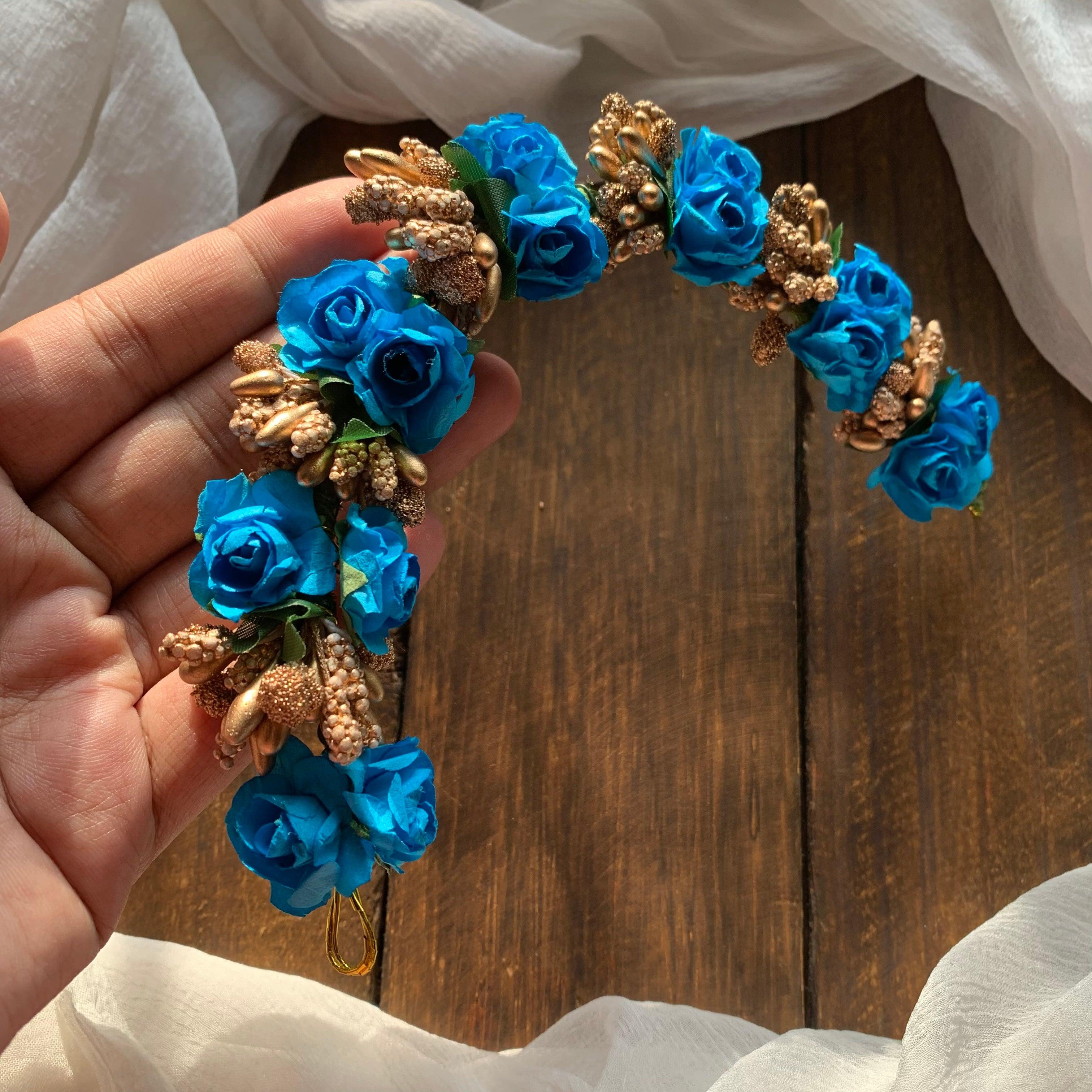 Flexible Double Rose Bridal Hair Bun Artificial Flower Accessory - Blue - Happy Pique