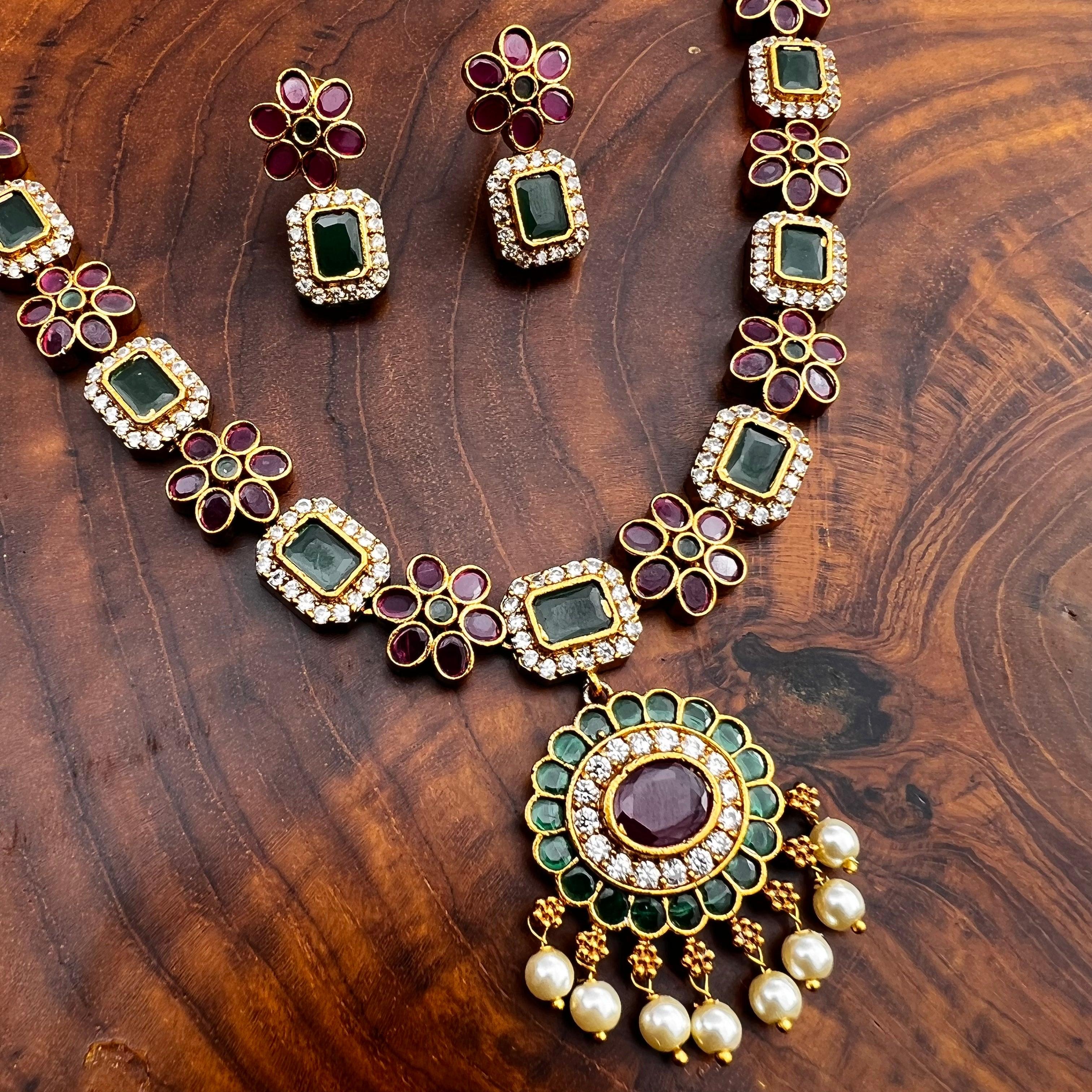 Antique Gold AD & CZ Flower Necklace - Happy Pique