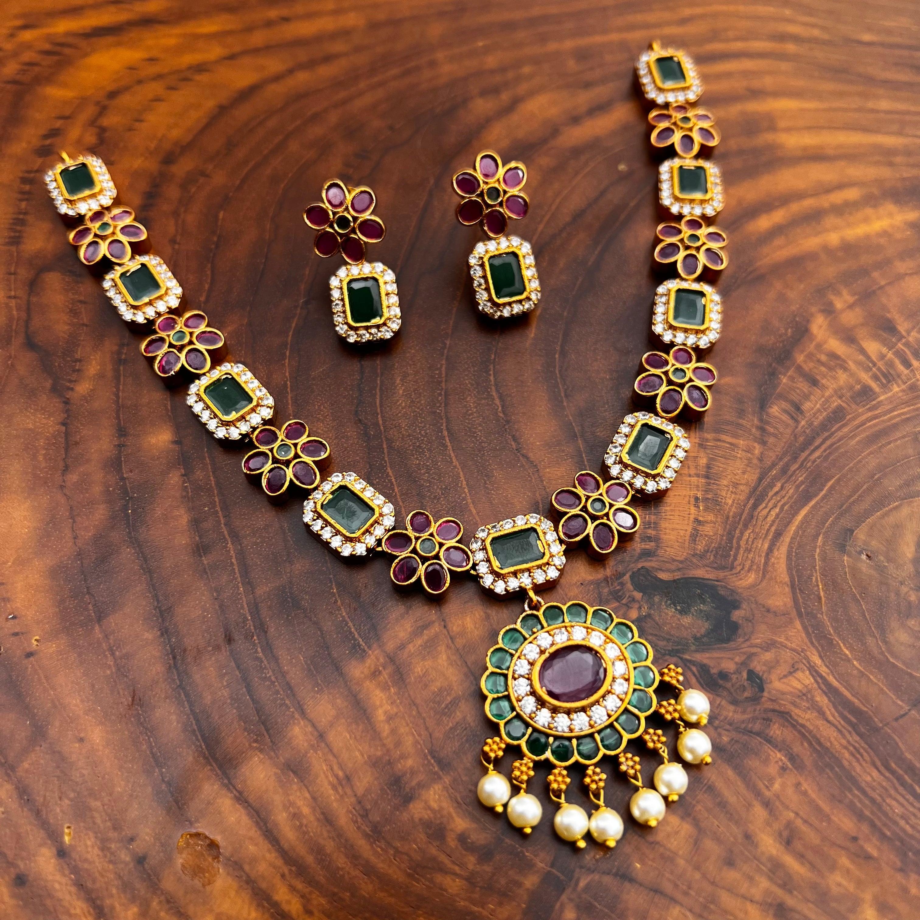 Antique Gold AD & CZ Flower Necklace - Happy Pique