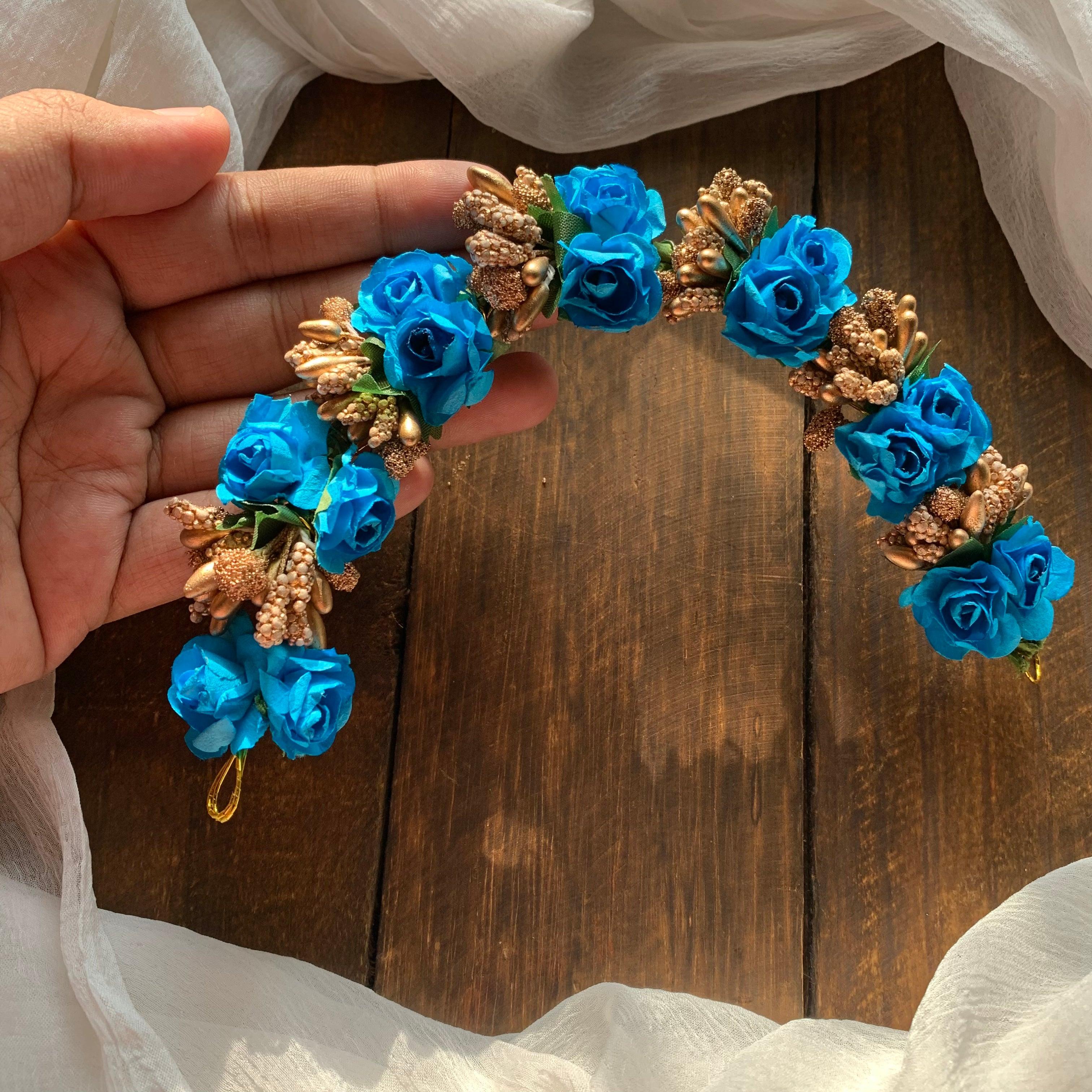 Flexible Double Rose Bridal Hair Bun Artificial Flower Accessory - Blue - Happy Pique