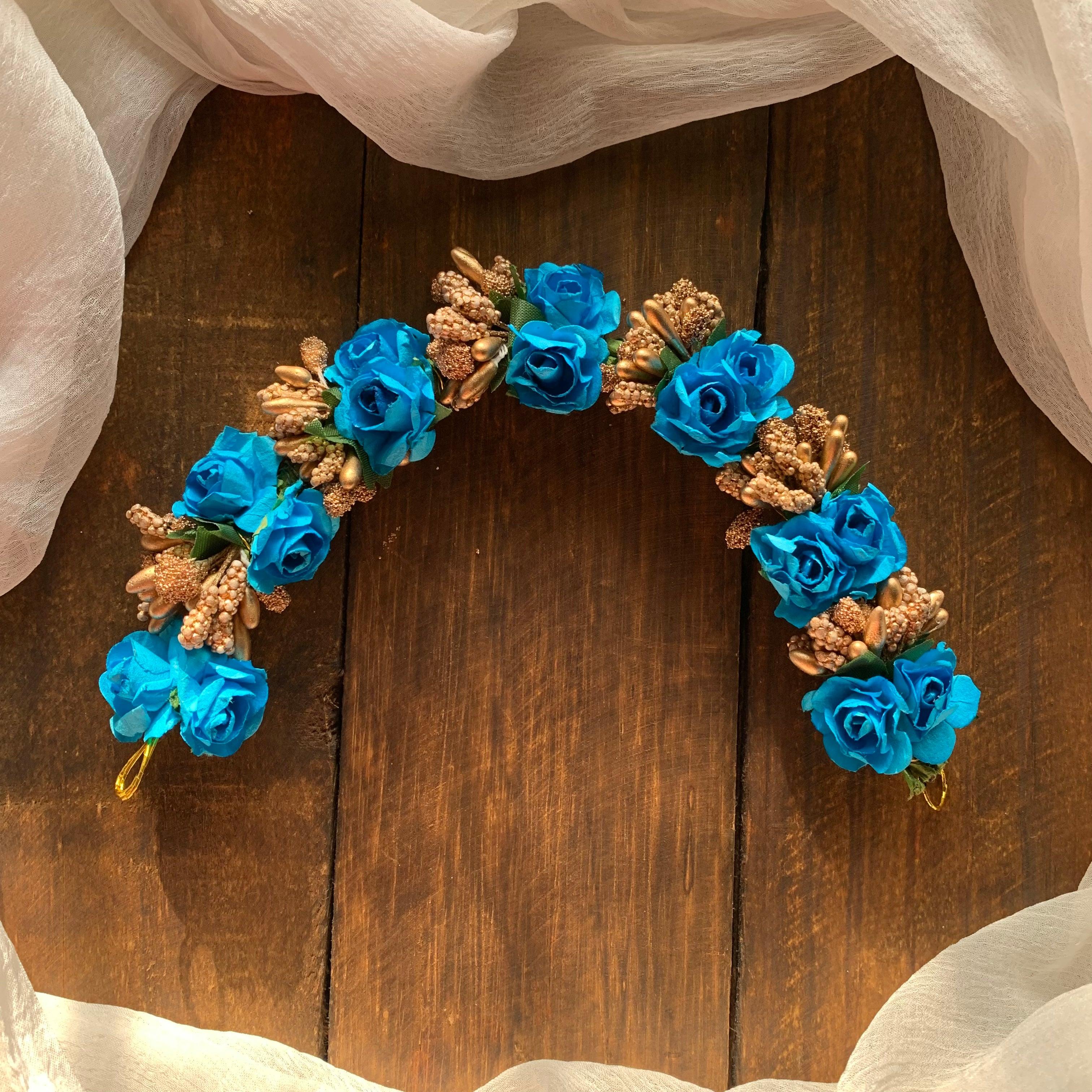 Flexible Double Rose Bridal Hair Bun Artificial Flower Accessory - Blue - Happy Pique
