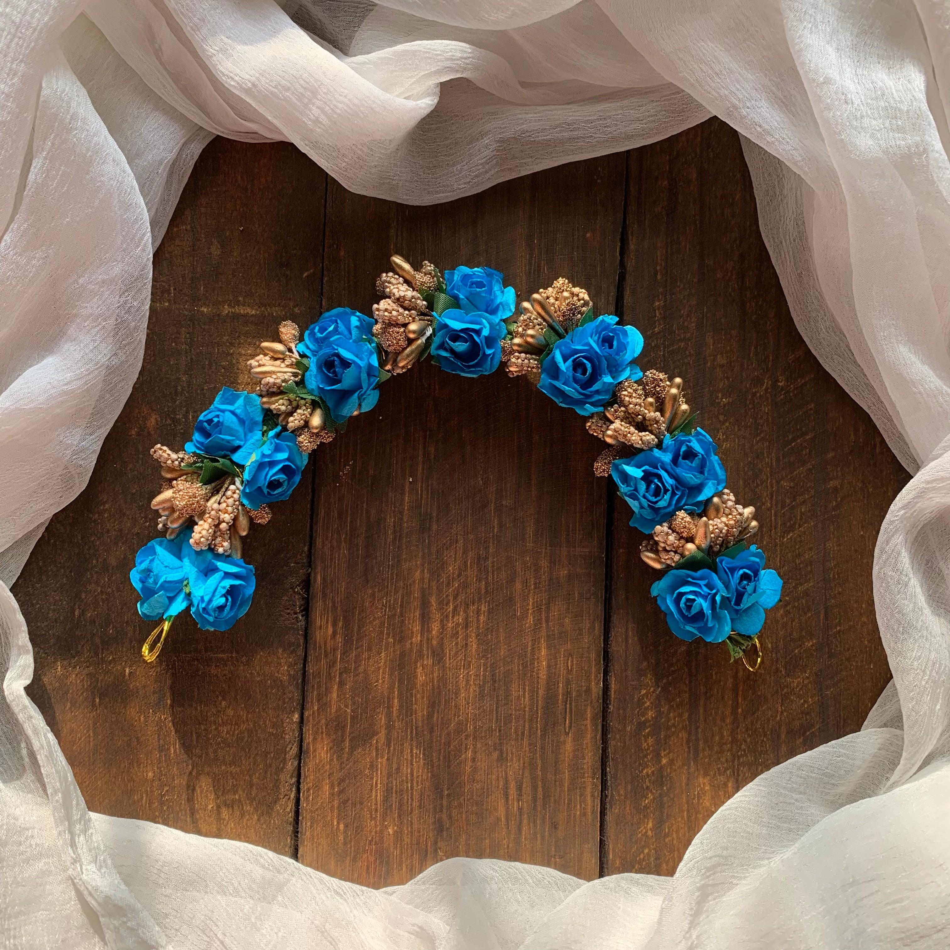 Flexible Double Rose Bridal Hair Bun Artificial Flower Accessory - Blue - Happy Pique