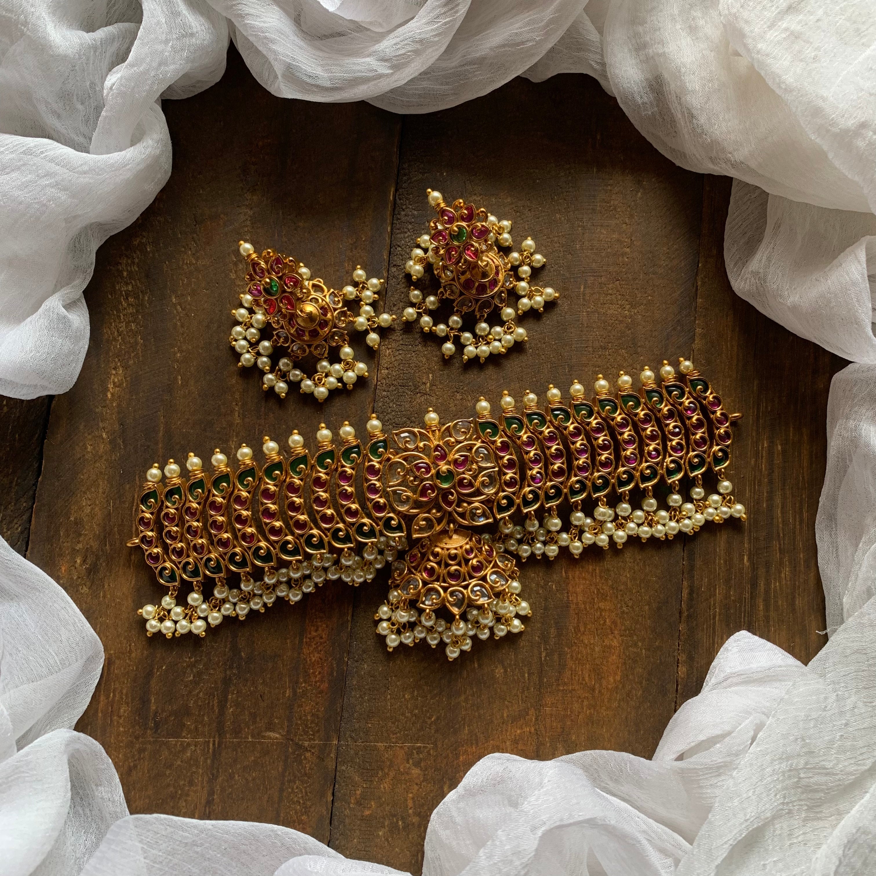 Matte Kemp & CZ Stones Studded Designer Pearl Choker - Red & Green