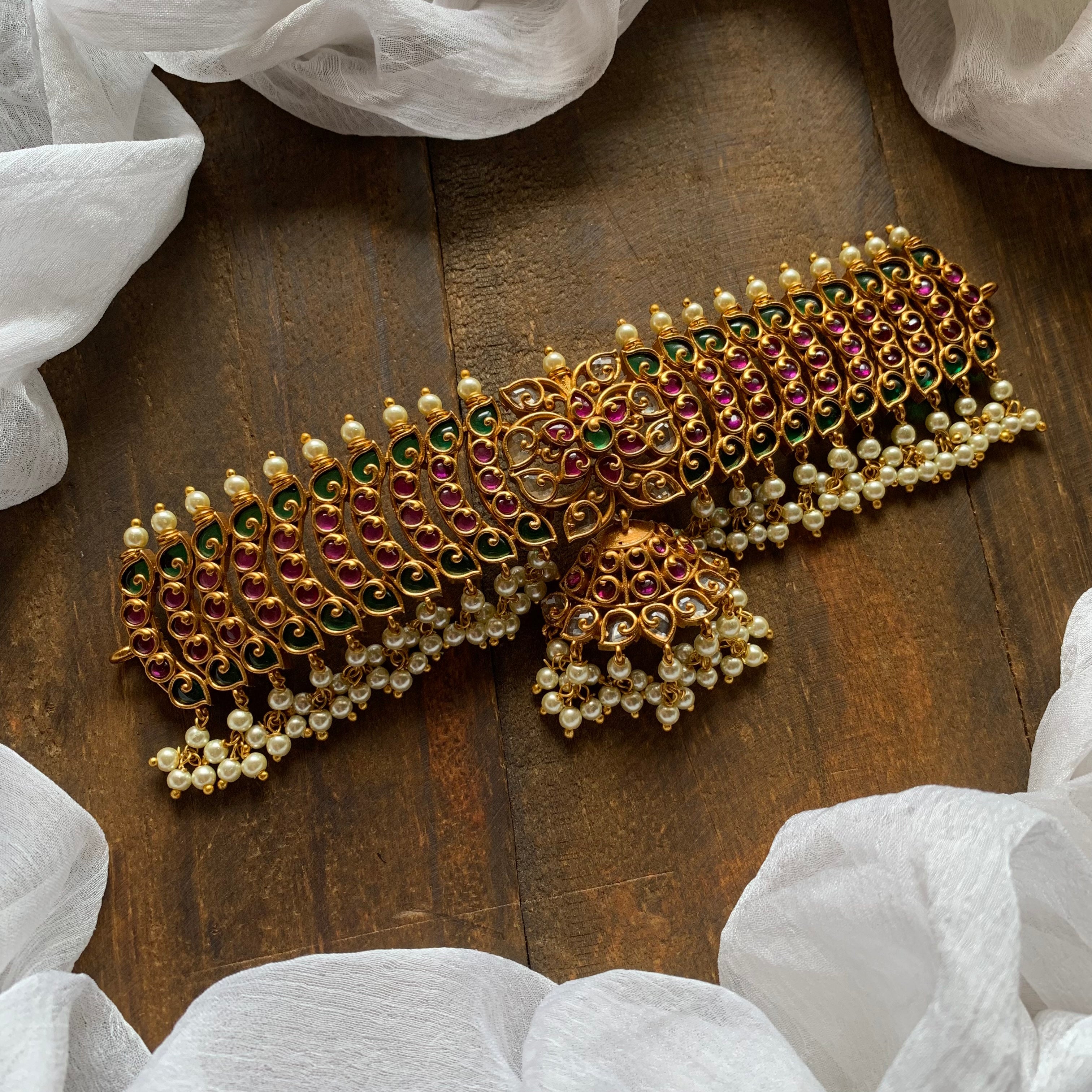 Matte Kemp & CZ Stones Studded Designer Pearl Choker - Red & Green