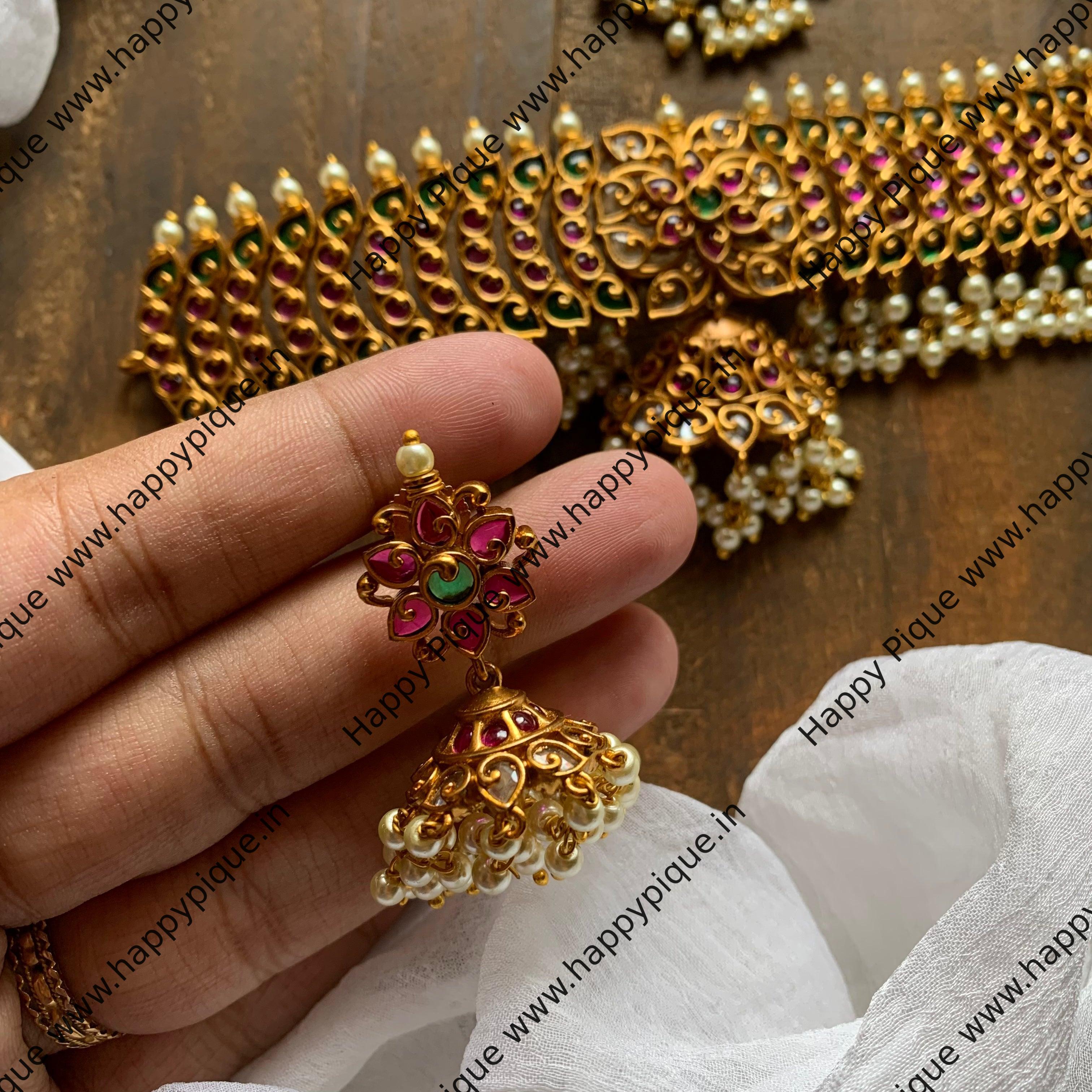 Matte Kemp & CZ Stones Studded Designer Pearl Choker - Red & Green